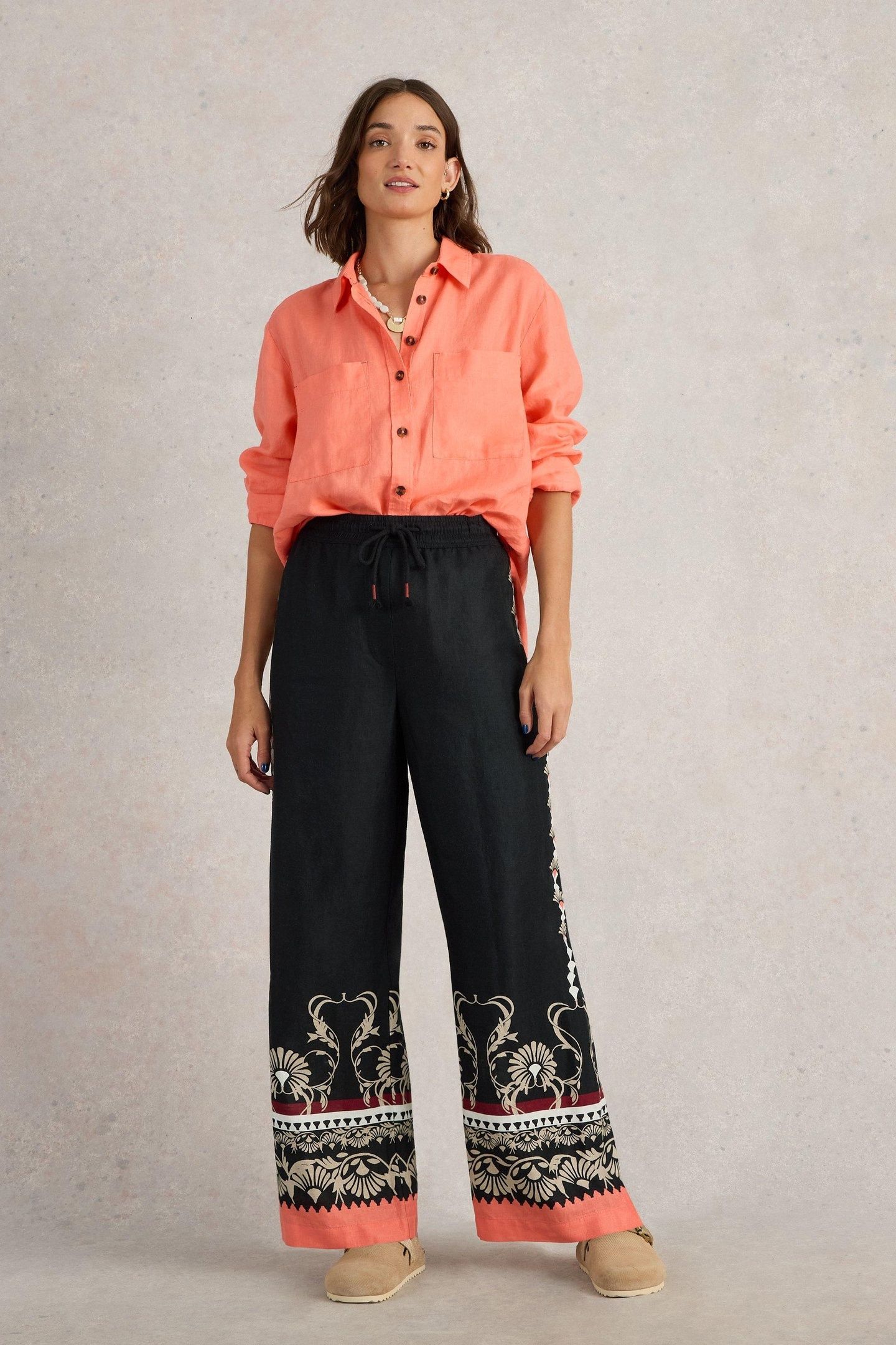 BELLE LINEN WIDE LEG TROUSER BLACK PRINT 1