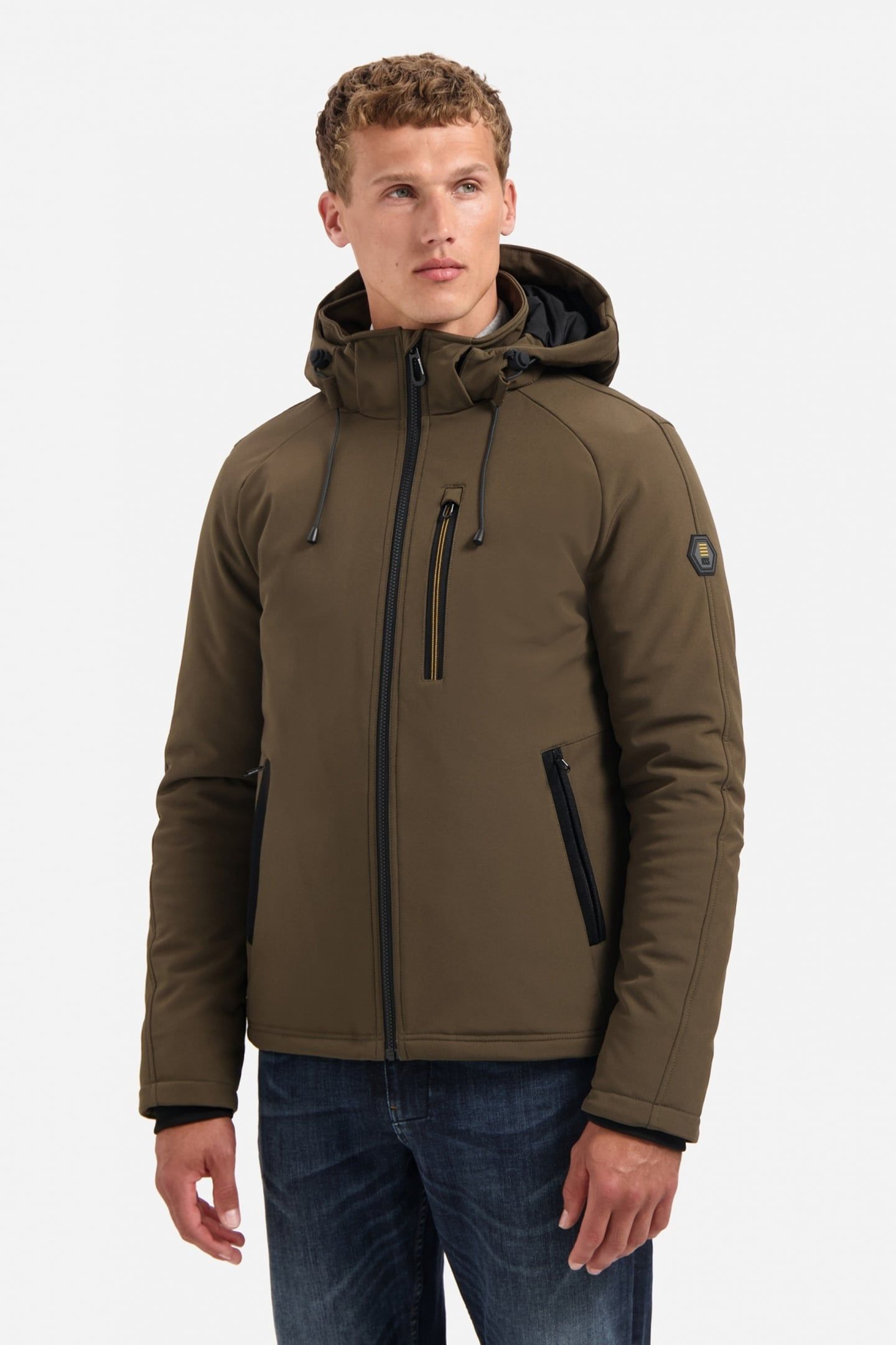 JACKET SHORT FIT HOODED SOFTSHELL STRETCH TAUPE 1