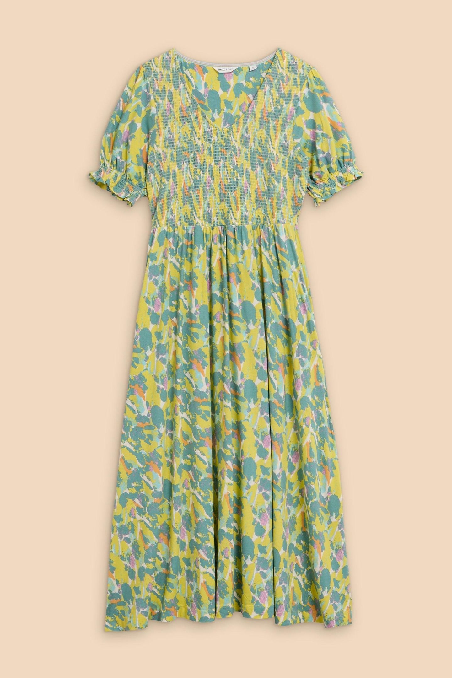 EMILY SHIRRED JERSEY DRESS TEAL PRINT 5