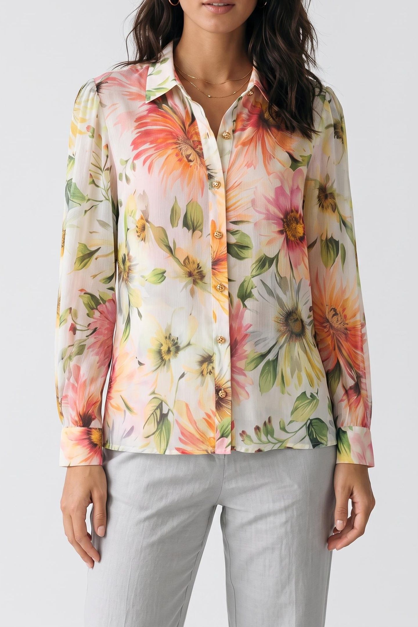 GUESS ECO LS CLARA BUTTON UP T PAINTED DAISIES PRIN 1