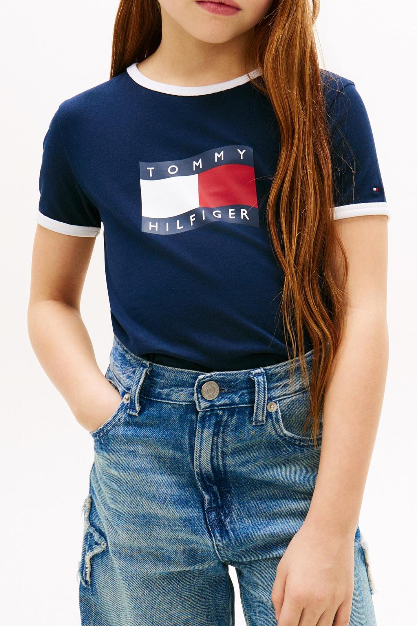 GIRLS WAVY FLAG RINGER TEE DARK NIGHT NAVY 1