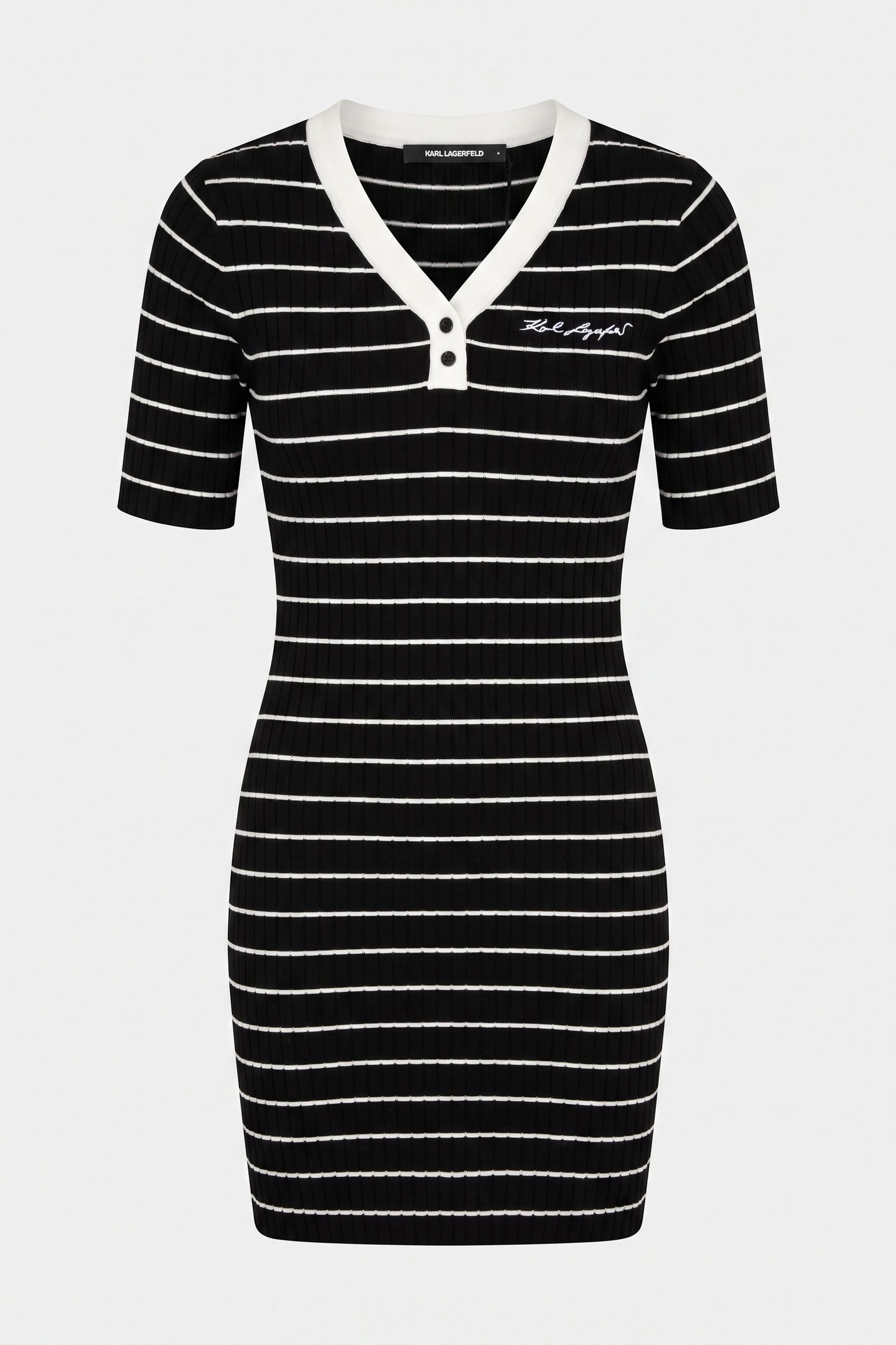 STRIPED V-NECK KNIT DRESS BLACK-WHITE STRIPES 3