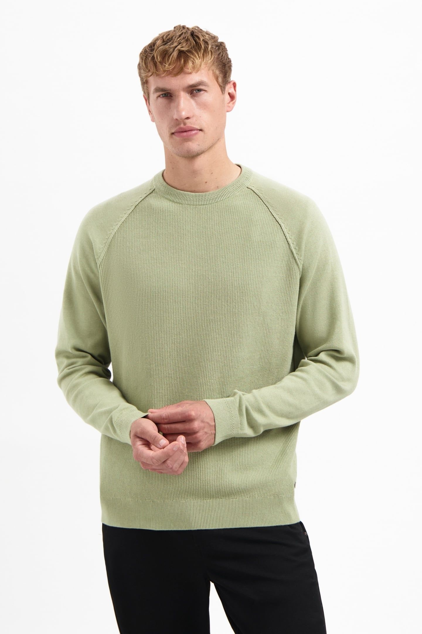 PULLOVER CREWNECK SOLID WAFFLE KNIT LIGHT MOSS 1