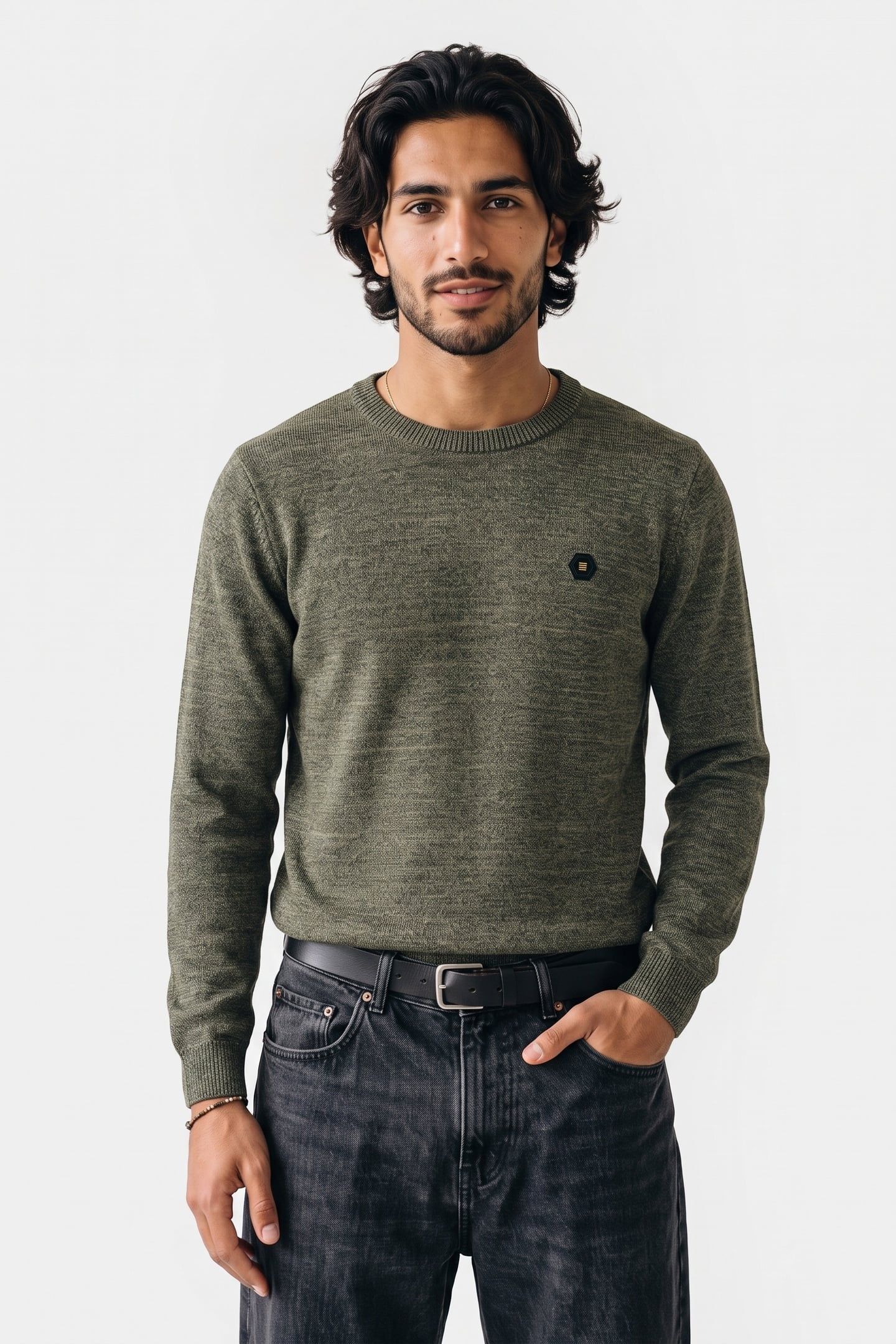 PULLOVER CREWNECK 2 COLOURED MELANGE LIGHT MOSS 1