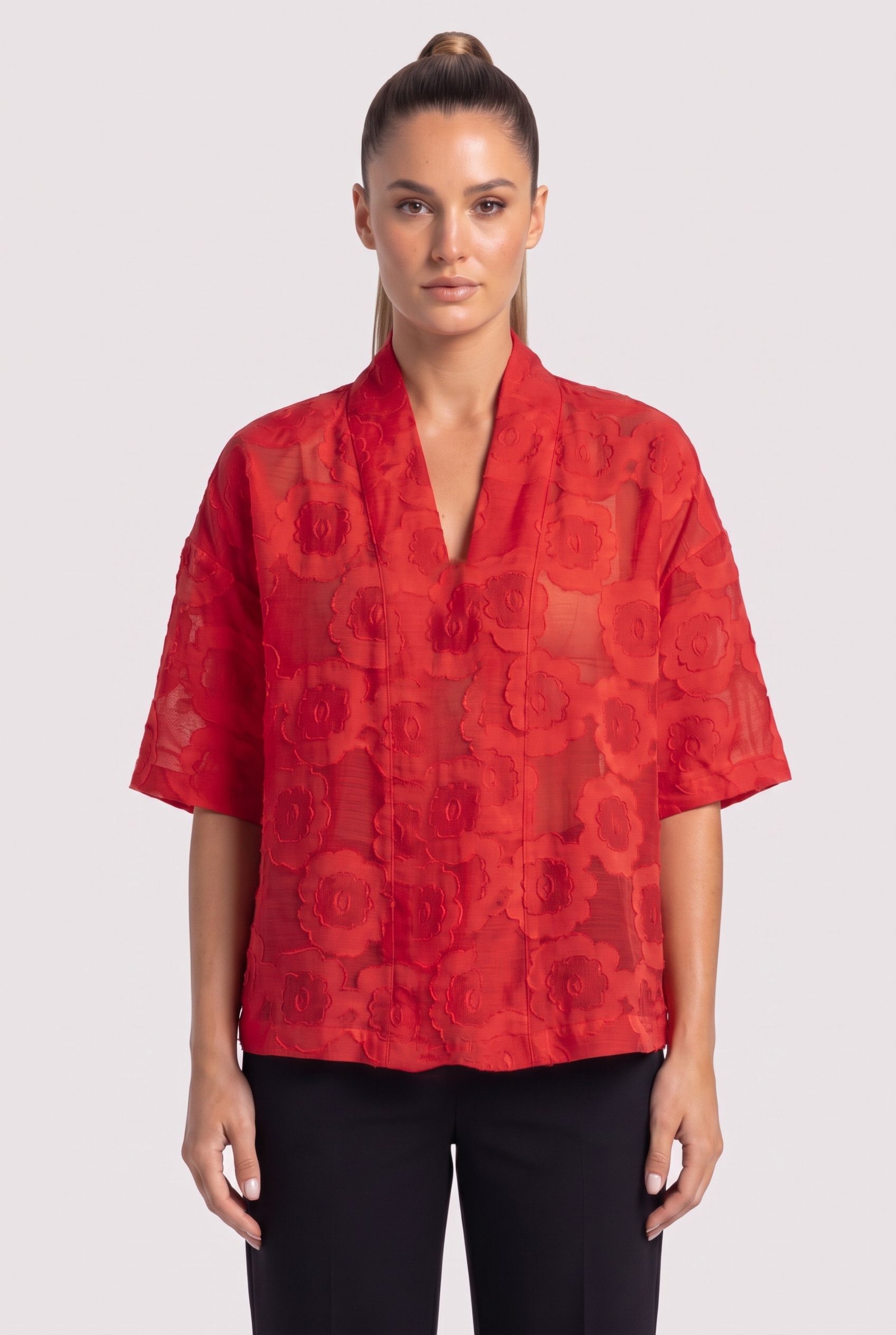 EMBROIDERED FLOWER V-NECK TOP BRIGHT RED 1
