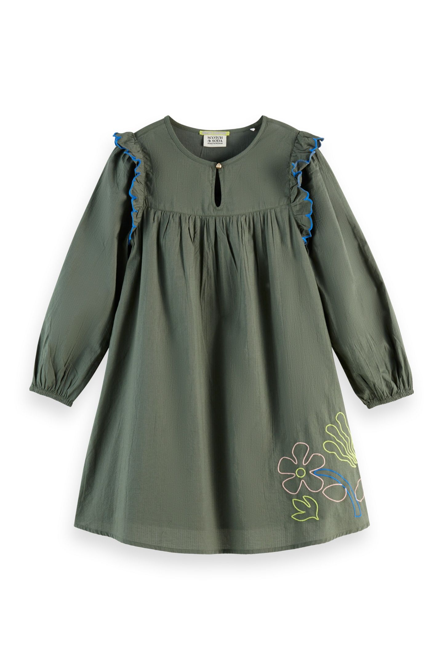 GIRLS SEERSUCKER EMBROIDERED DRESS THYME 2