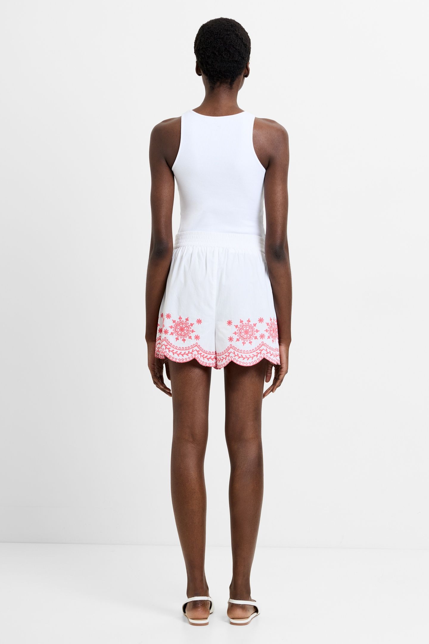 ALISSA EMB HEM COTTON SHORTS WHITE/RASPBERRY PINK 2