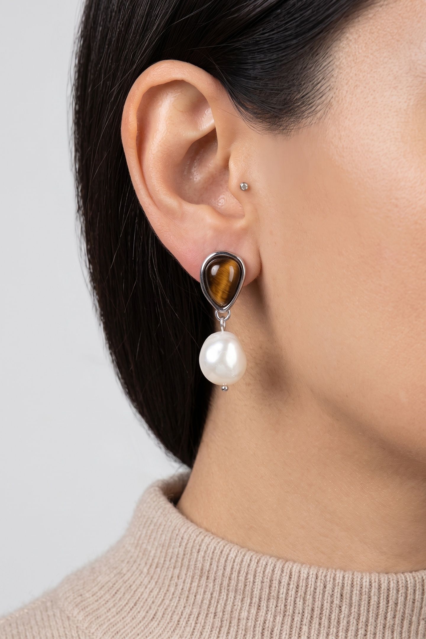 TIGER'S EYE PEARL PERLENOHRRINGE SILVER 1