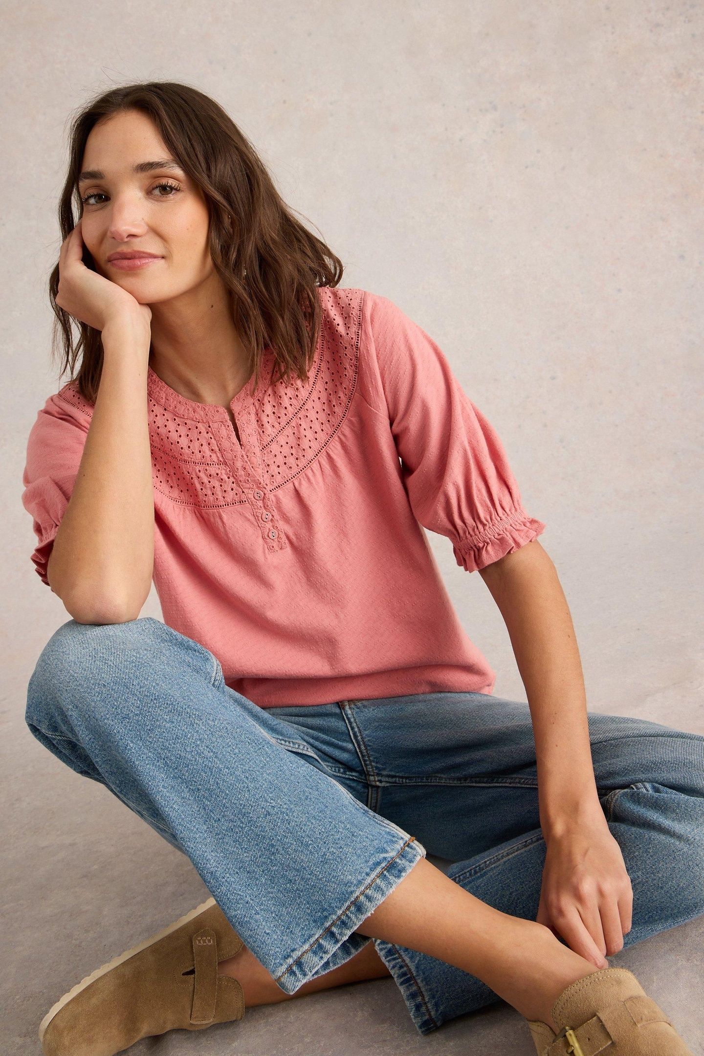 BLAIR BRODERIE NECK TOP MID PINK 7
