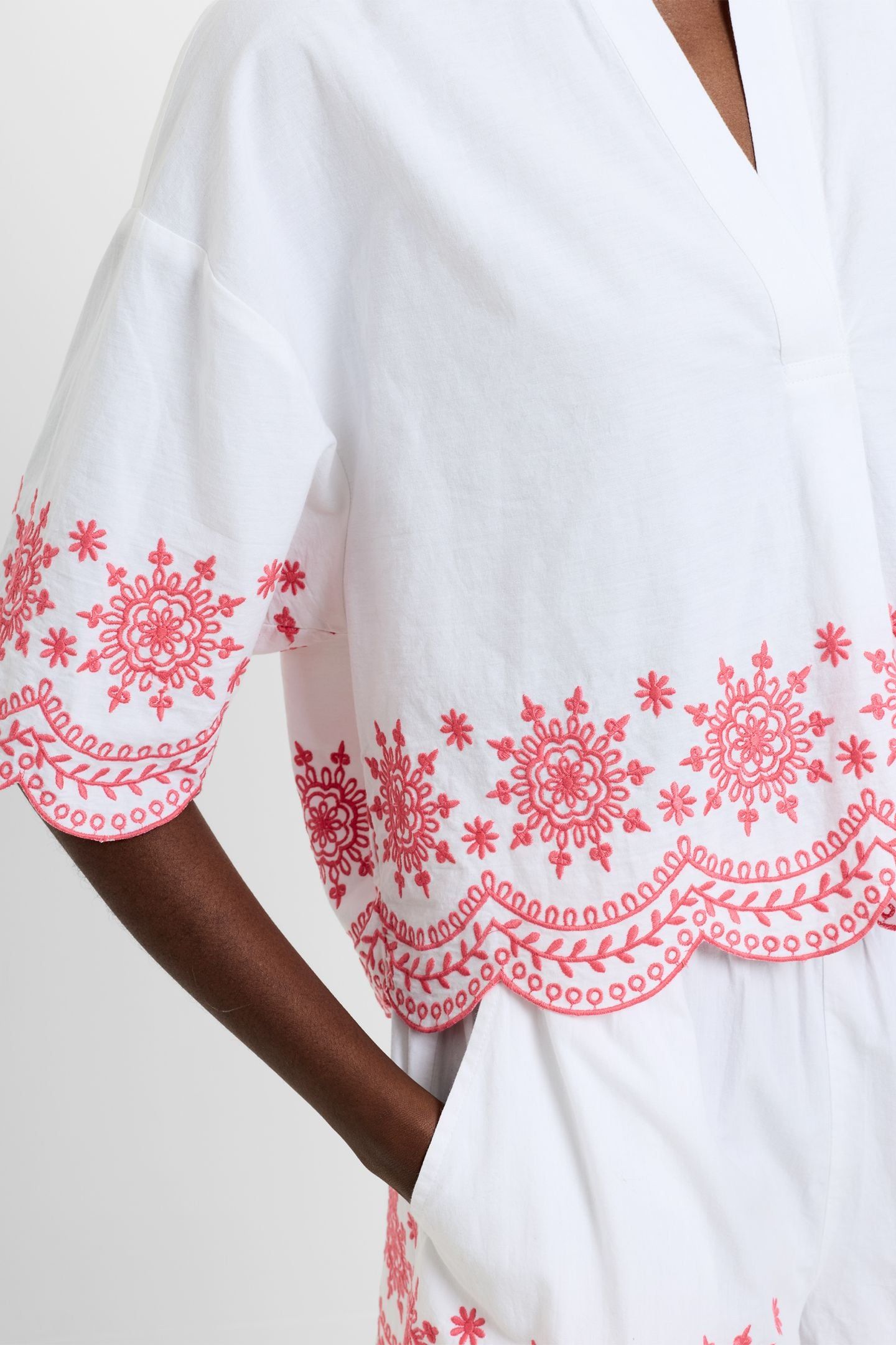 EMB HEM S/S COTTON POPOVER WHITE/RASPBERRY PINK 5