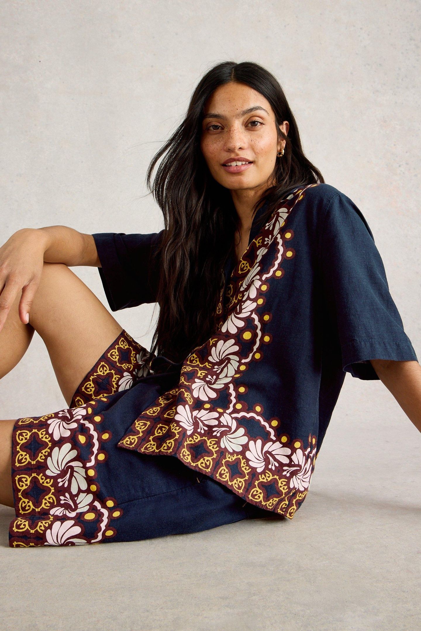 BELLA LINEN BLEND RESORT SHIRT NAVY MULTI 1