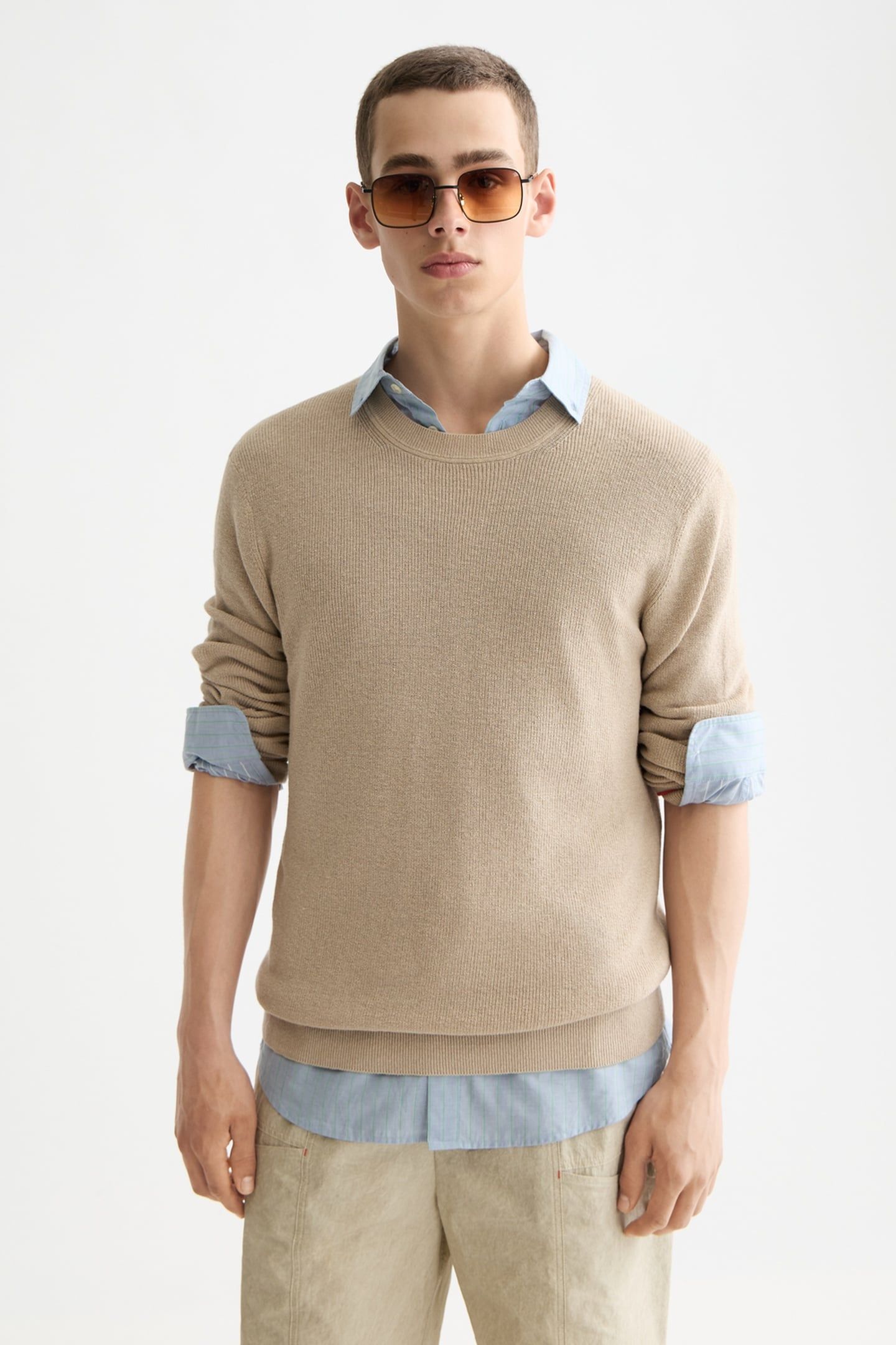 LINNEN BLEND CREW NECK PLAZA TAUPE 1