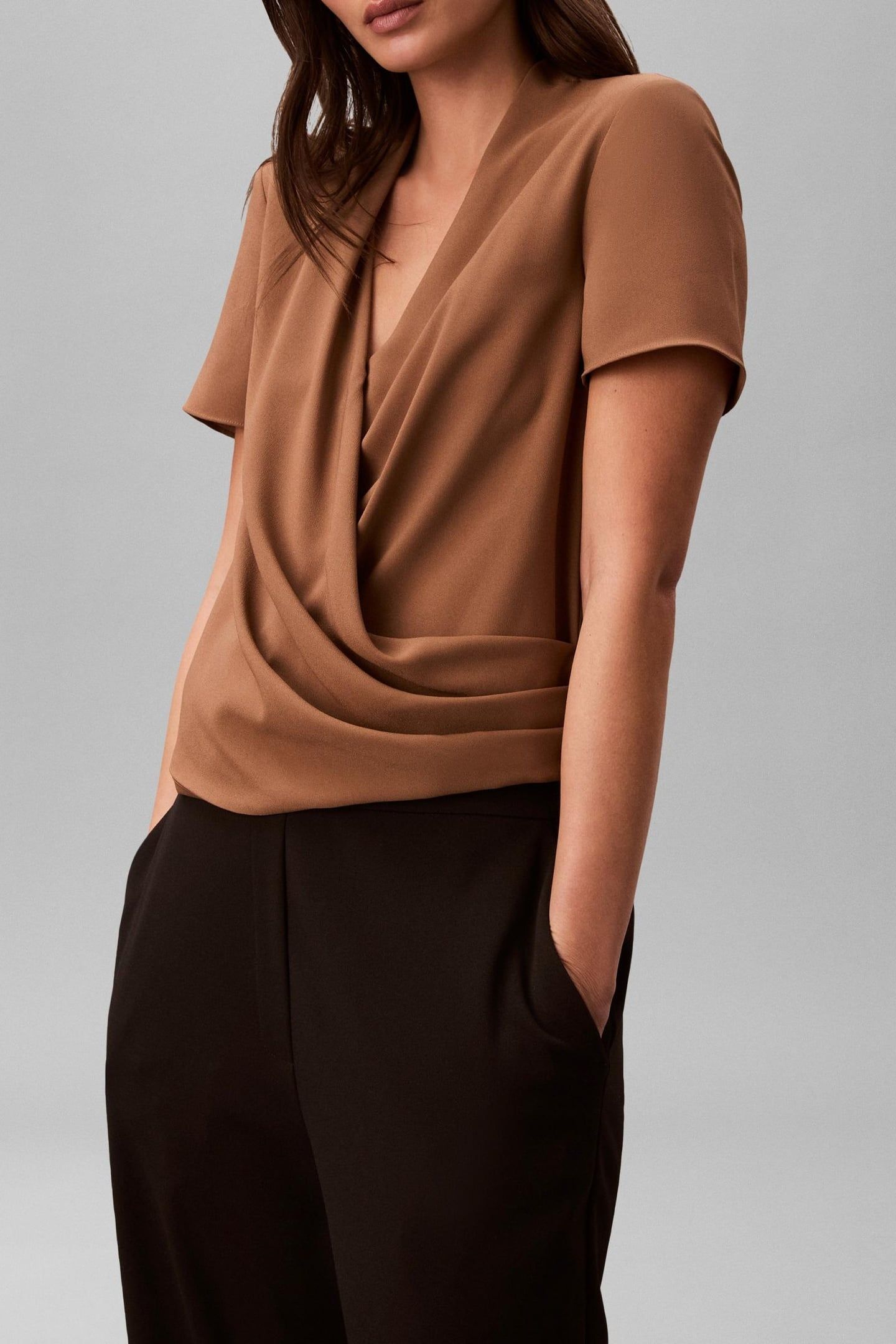 CREPE SHORT SLEEVE DRAPED WRAP TOP EXECUTIVE BROWN 2