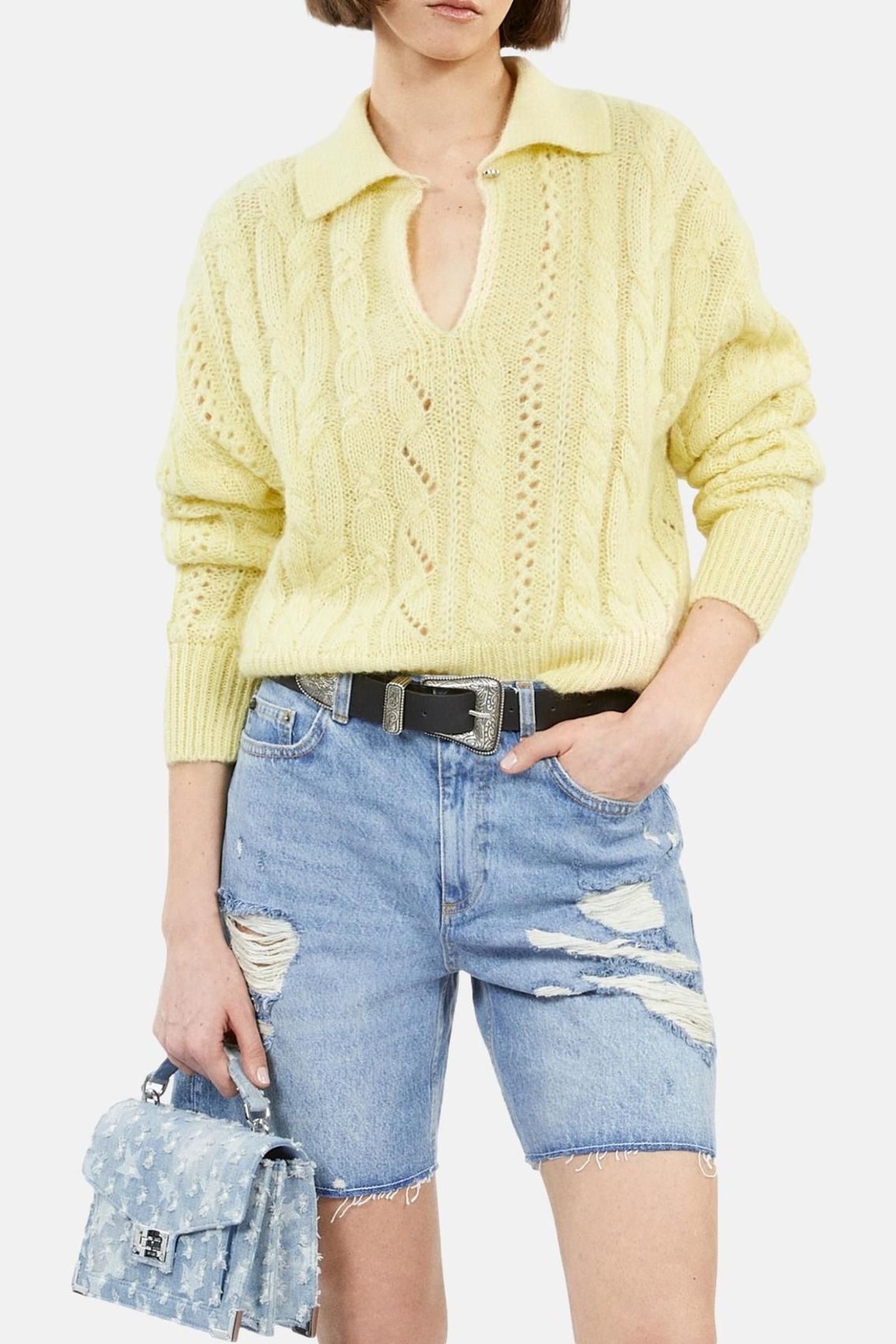 CABLE-STRANDED PACKED NECK SWEATER YELLOW 1
