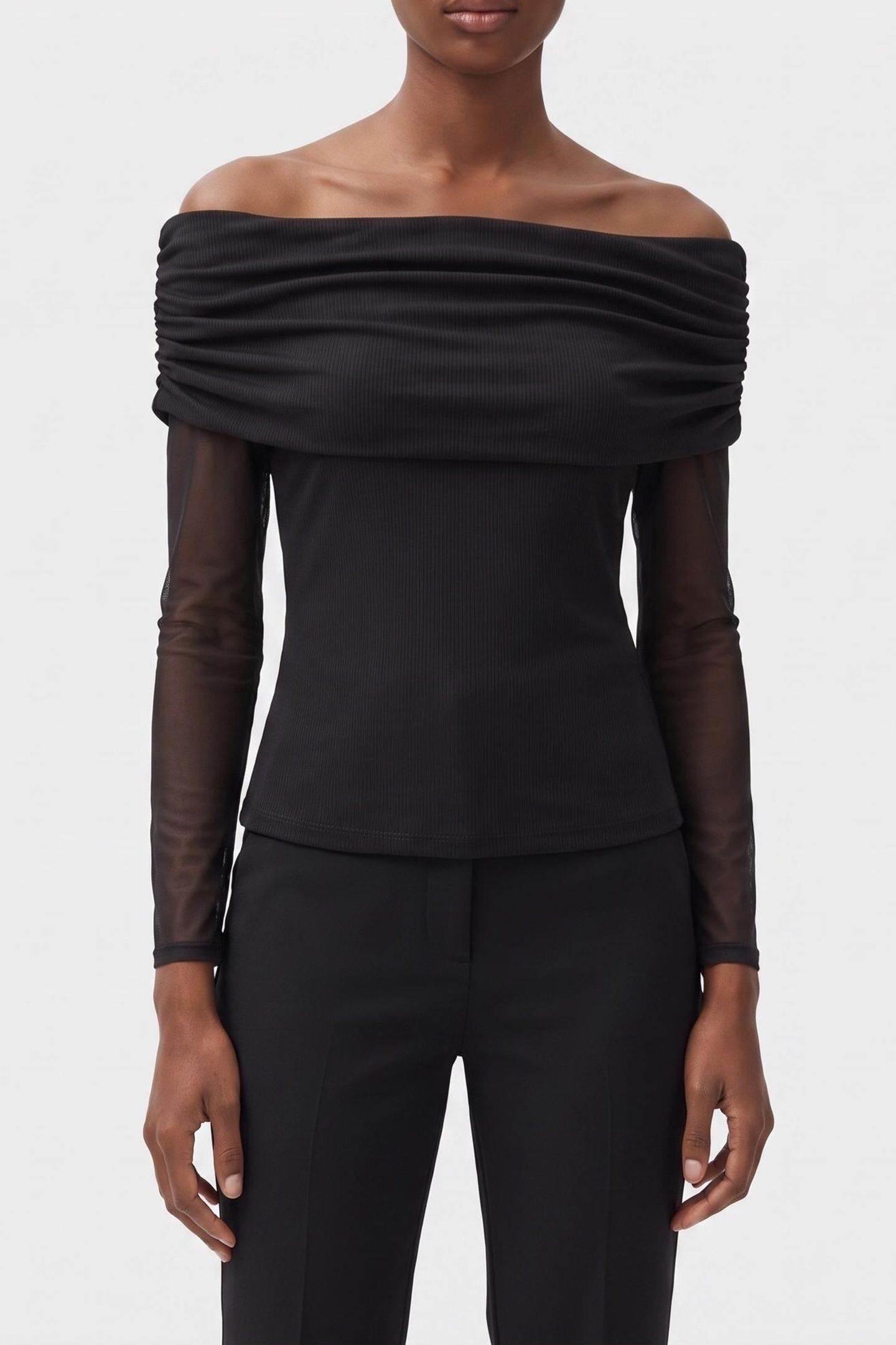 STRETCH BOAT NECK LONG SLEEVE MESH TOP BLACK 1