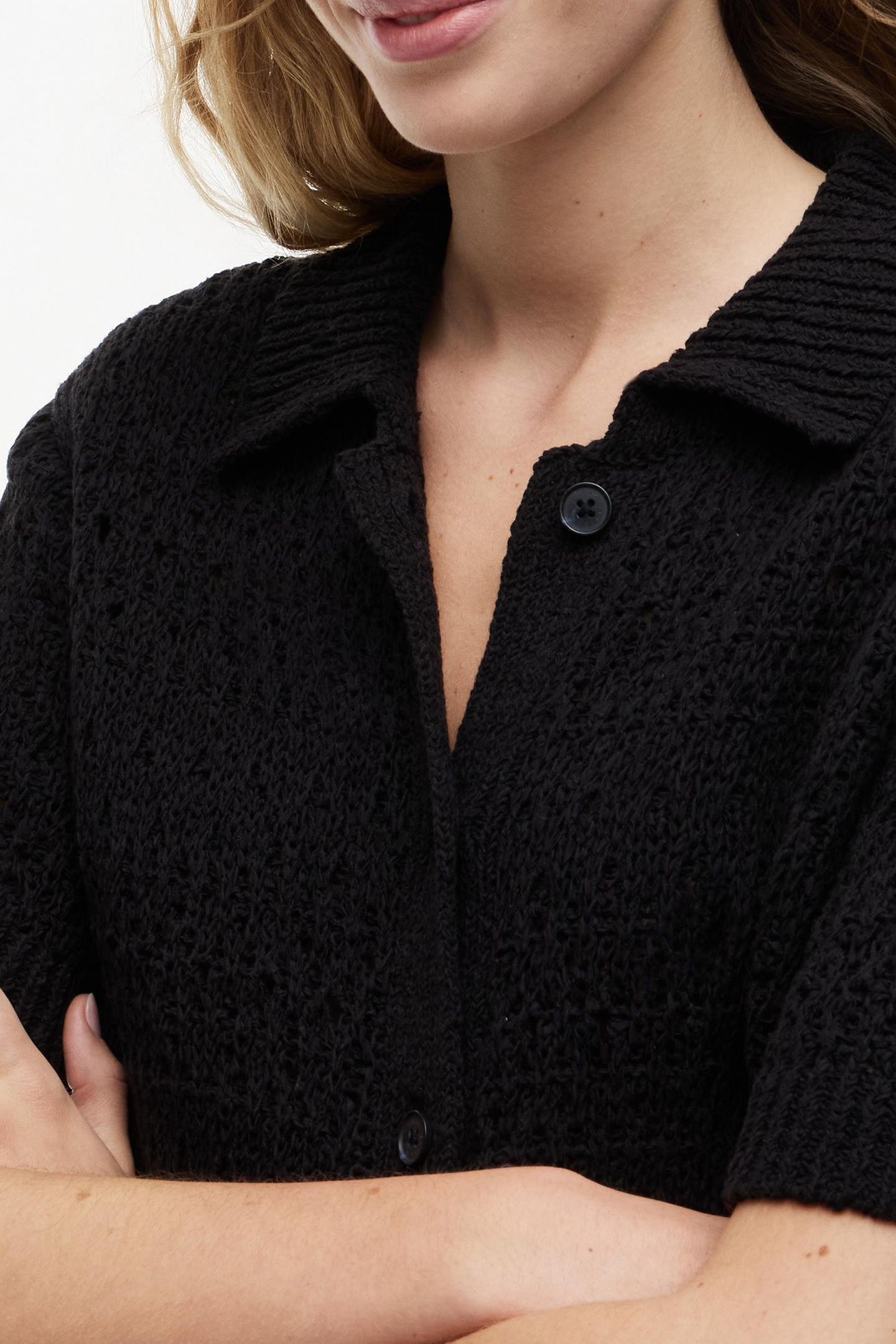 WEAVE POLO RELAXED SHORT SLEEVE CARDIGAN BLACK 5