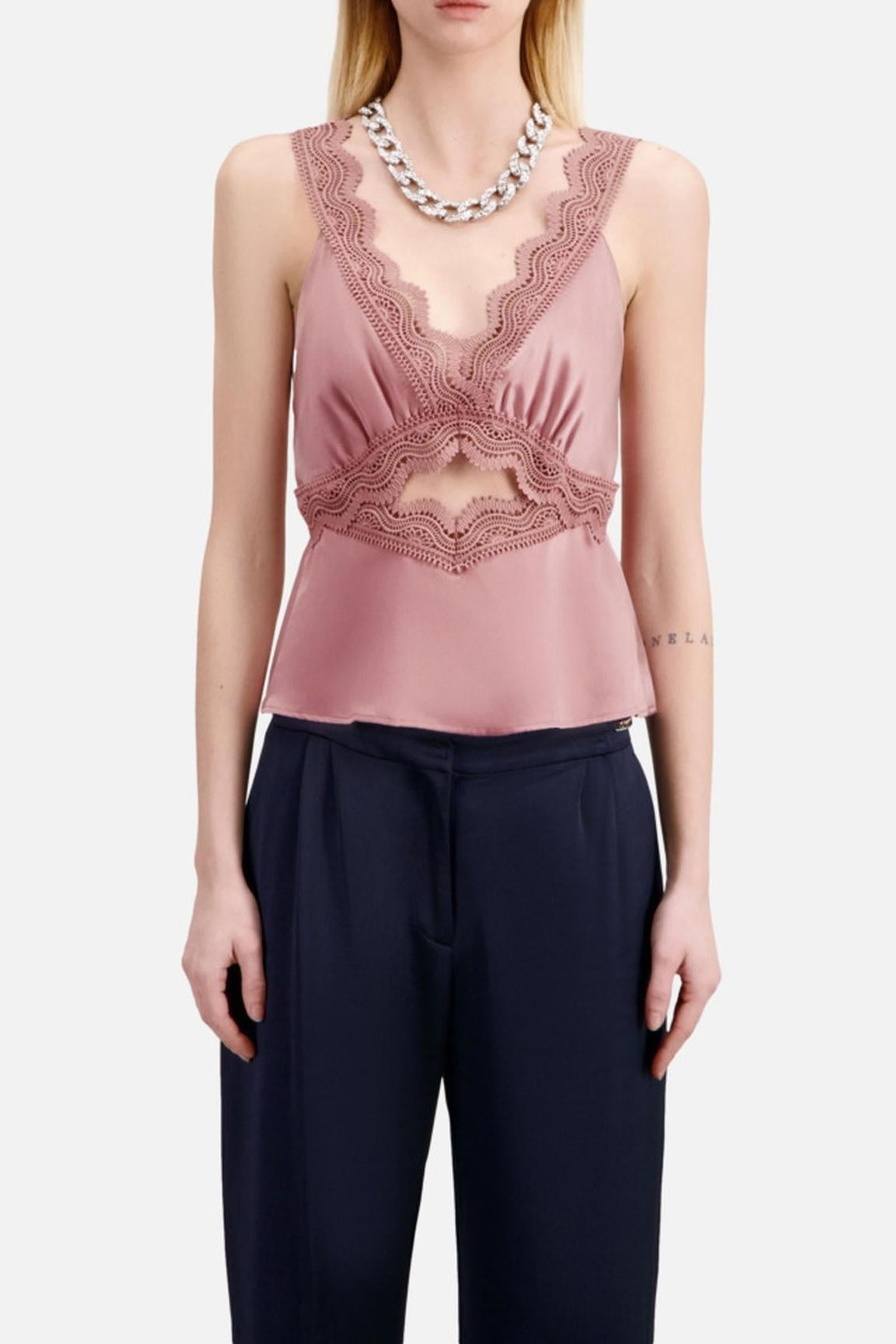 SILK TOP WITH GUIPURE PINK WOOD 2