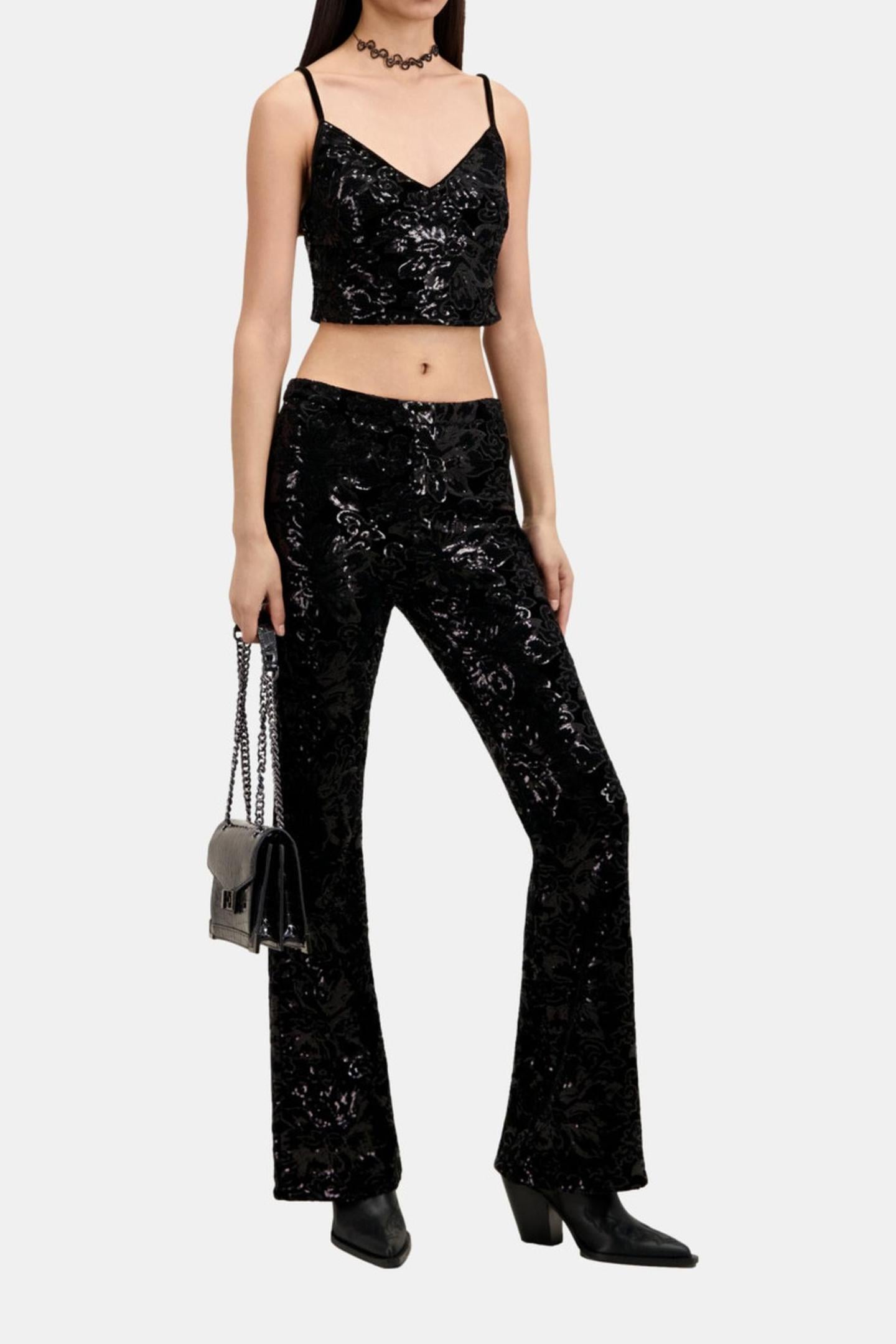 EMBROIDERED SEQUINED VELVET TROUSERS BLACK 2