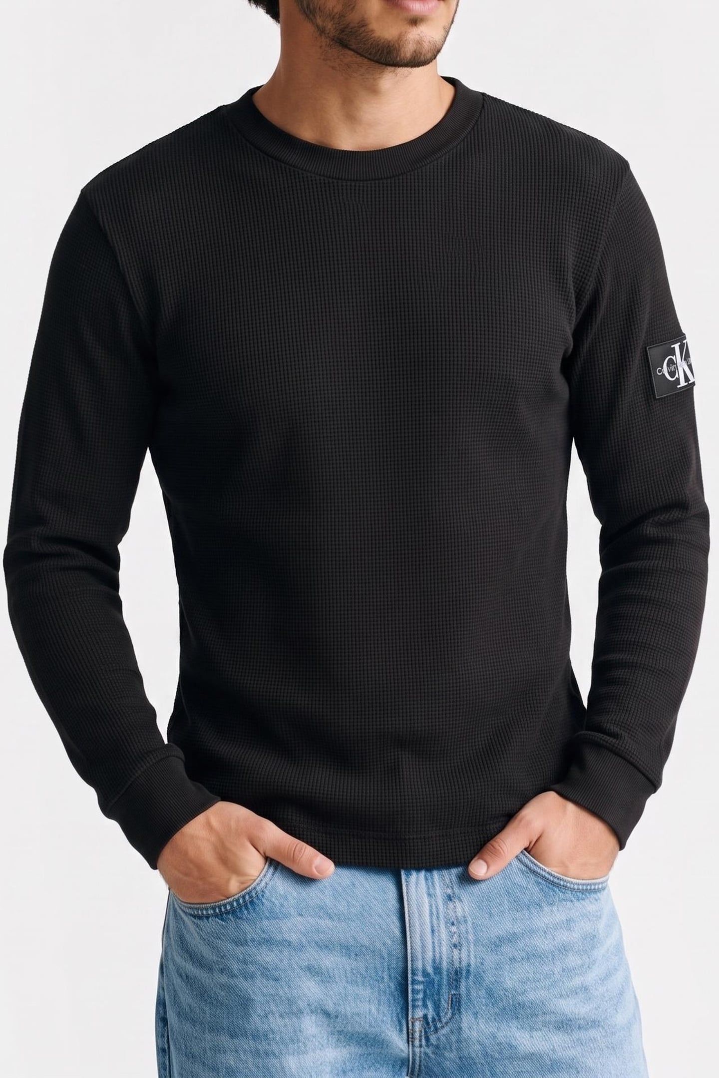 BADGE WAFFLE LONG SLEEVE TEE BLACK 1
