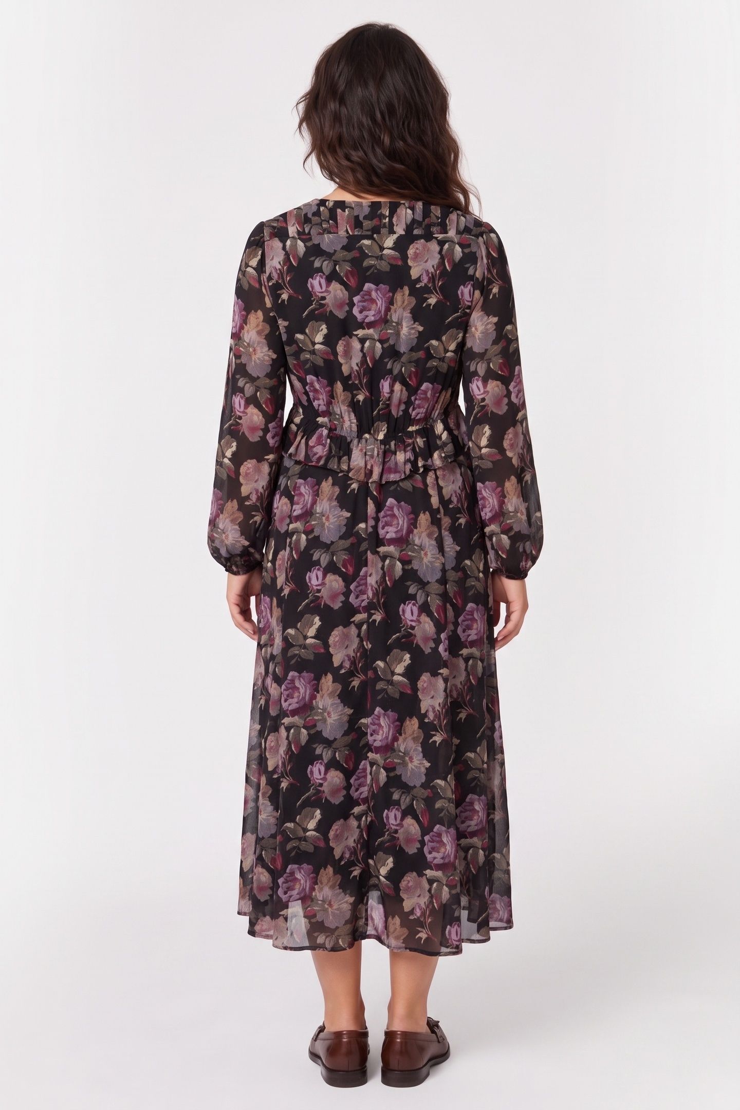 LONG-SLEEVED DRESS IN ROSE PRINT BLACK / PURPLE 2