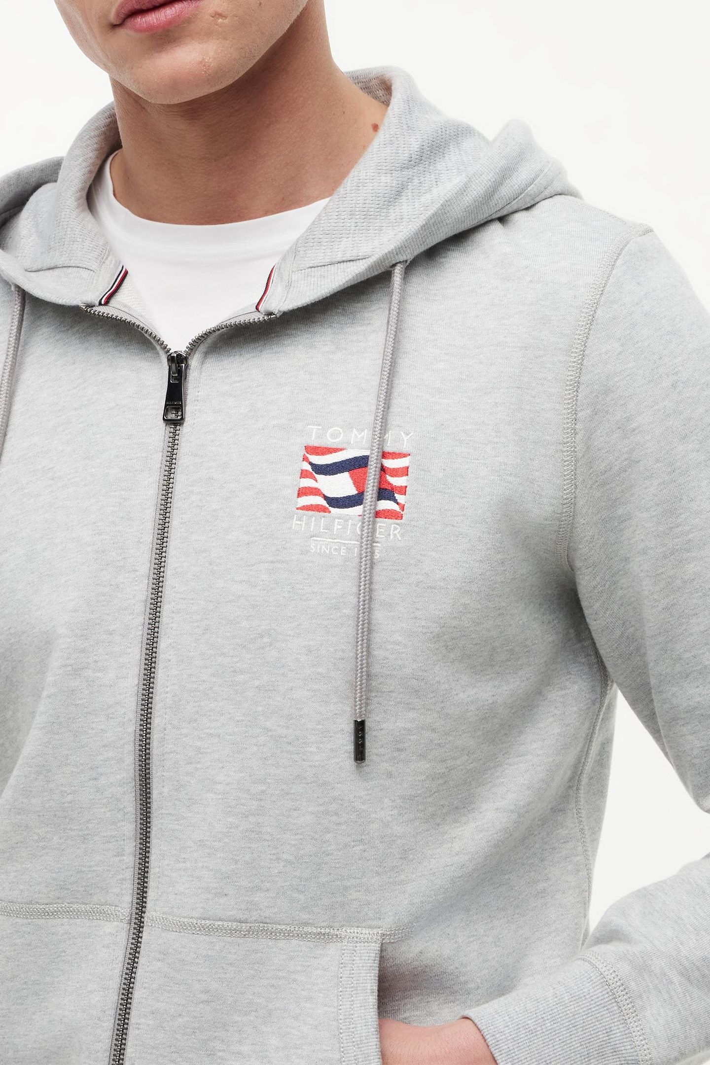 FLAG EMBROIDERY FRENCH TERRY ZIP-THRU HOODY LIGHT GREY HEATH 5
