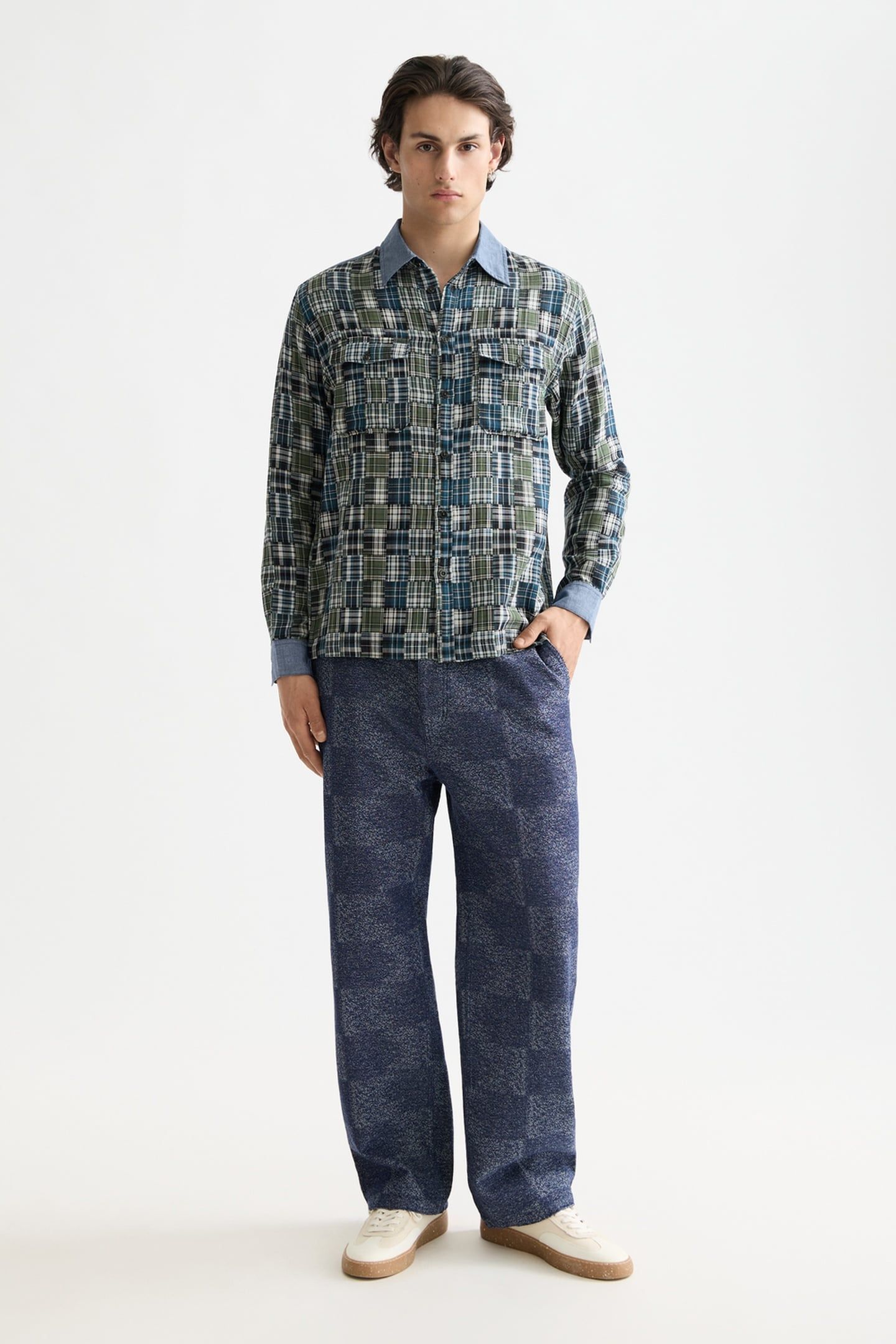 PATCHWORK FLANNEL RELAXED-FIT SHIRT THYME PATCHWORK CHECK 1