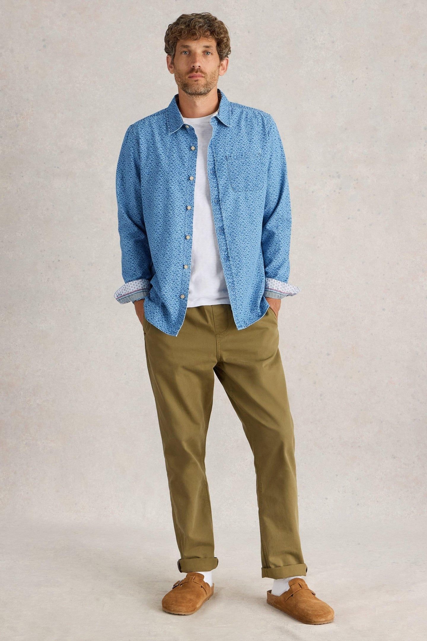 LEAF PRINTED LS SHIRT CHAMBRAY BLUE 1