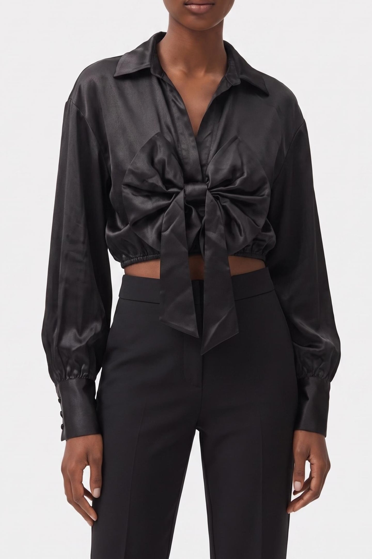 LONG-SLEEVED SHORT TOP WITH TIE BLACK 1