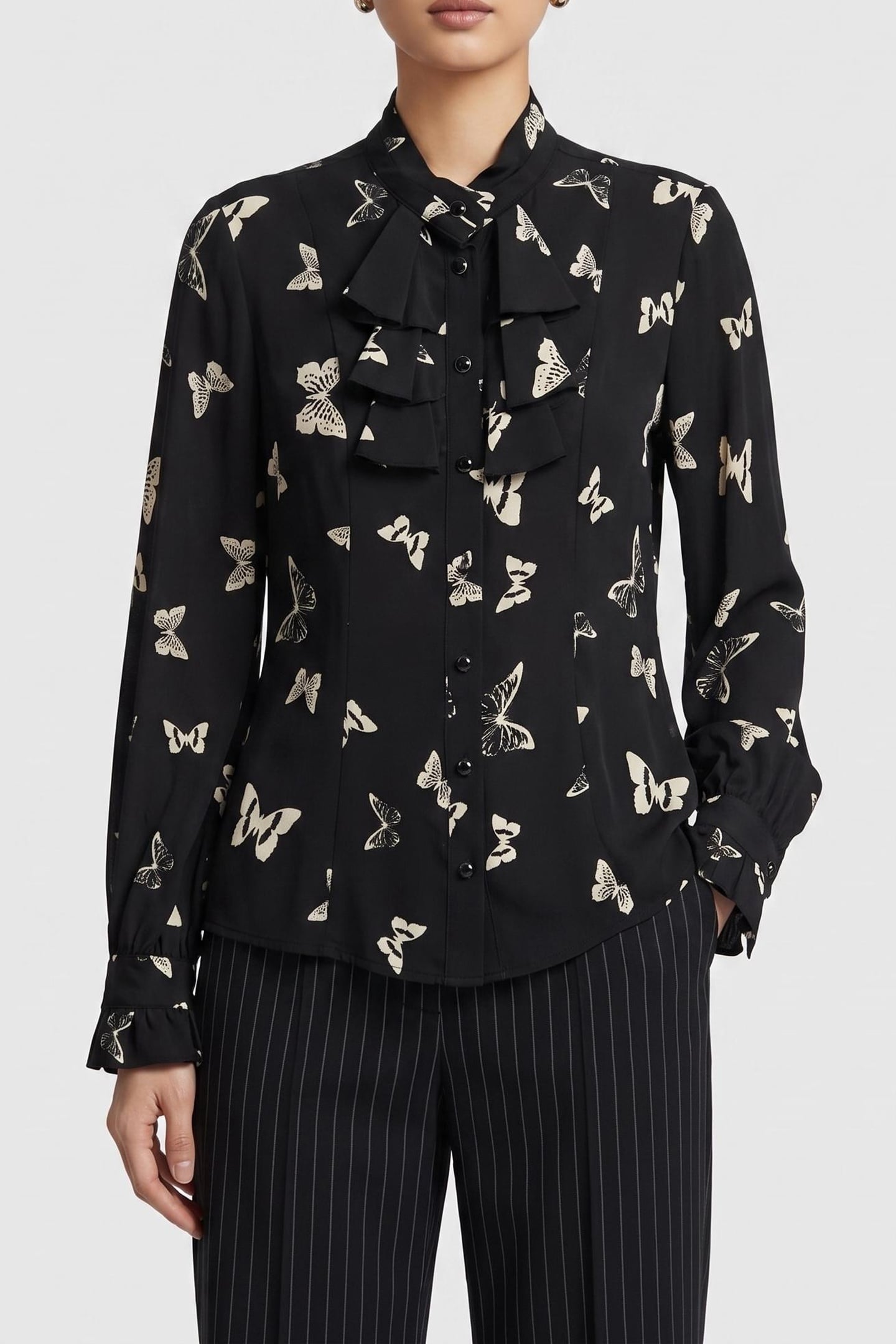 BUTTERLFY PRINT LONG-SLEEVED SHIRT BLACK WHITE 1