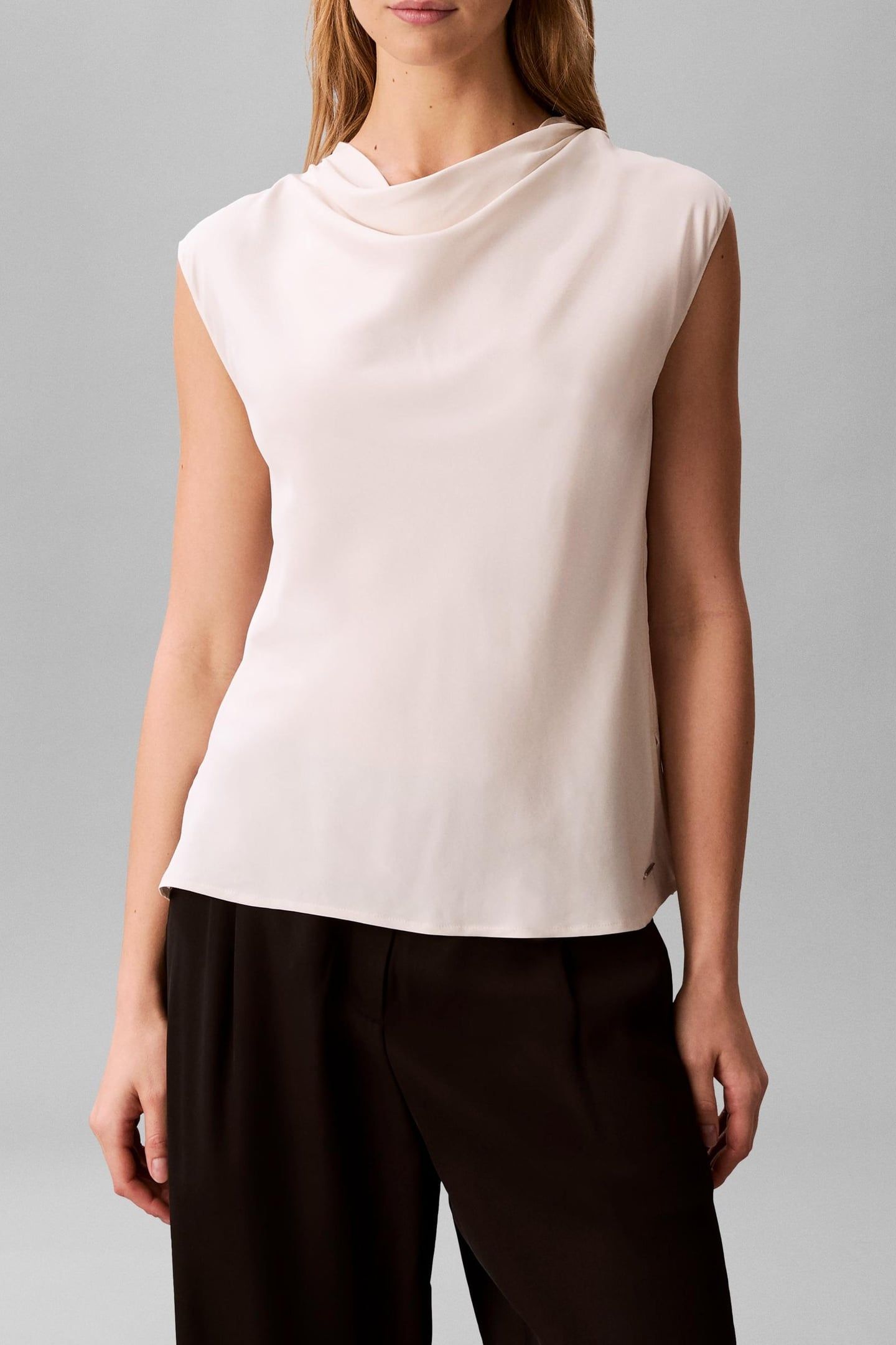 VISCOSE TWILL COWL NECK TOP WHITE SAND 1