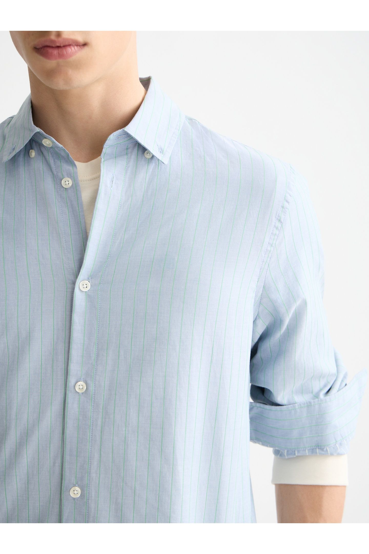 YARN-DYED STRIPE SHIRT FADED DENIM / GREEN SPRUCE STRIPE 8