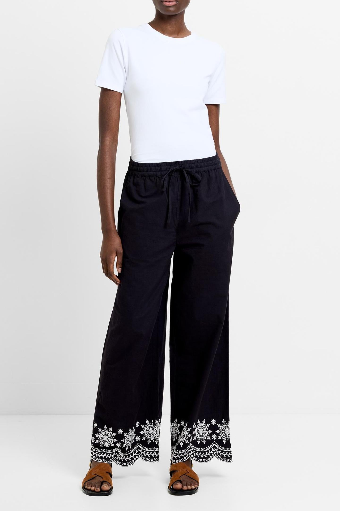 EMB HEM COTTON TROUSER BLACK 1