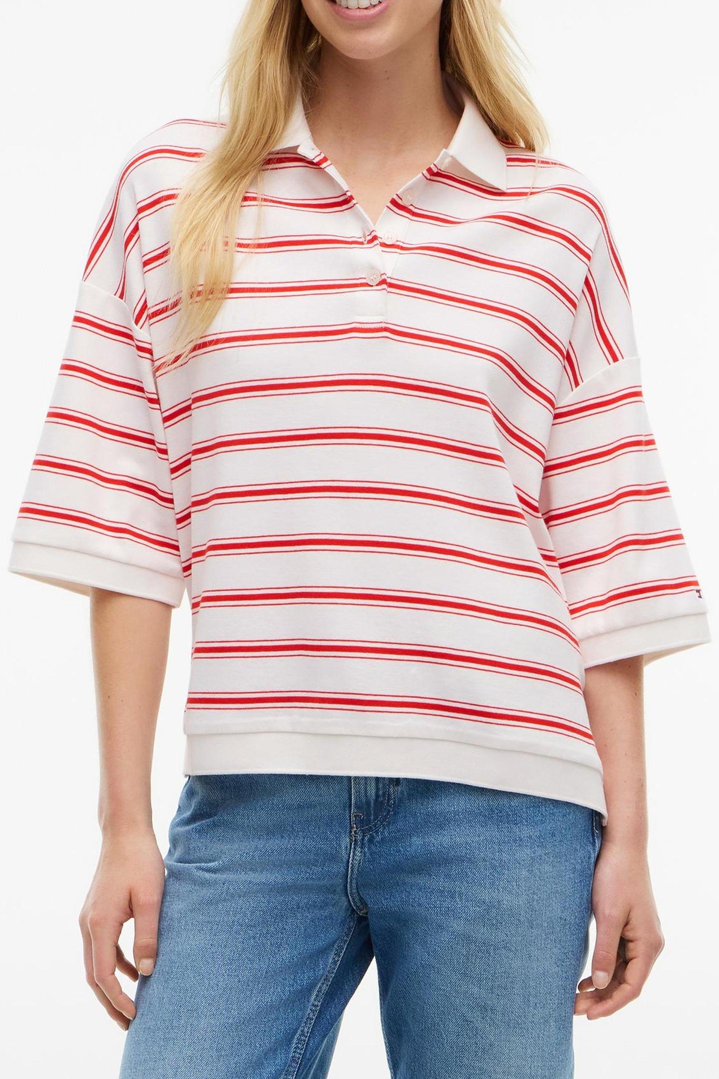 OVERSIZED FIT STRIPE POLO SHIRT MULTI ECRU/FIRE RED 1