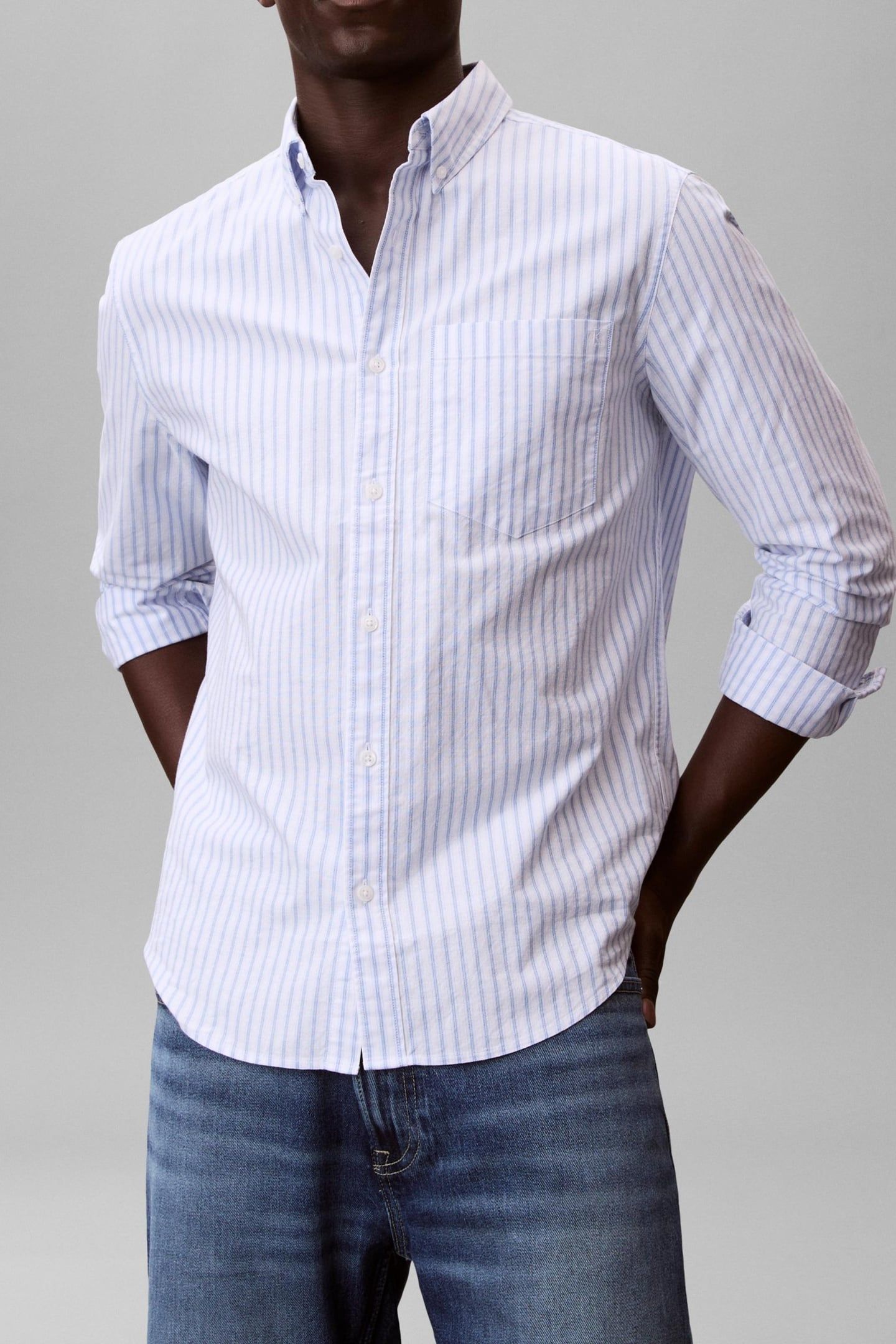 LONG SLEEVE YARN-DYED STRIPE OXFORD BLUE DESCENT 1