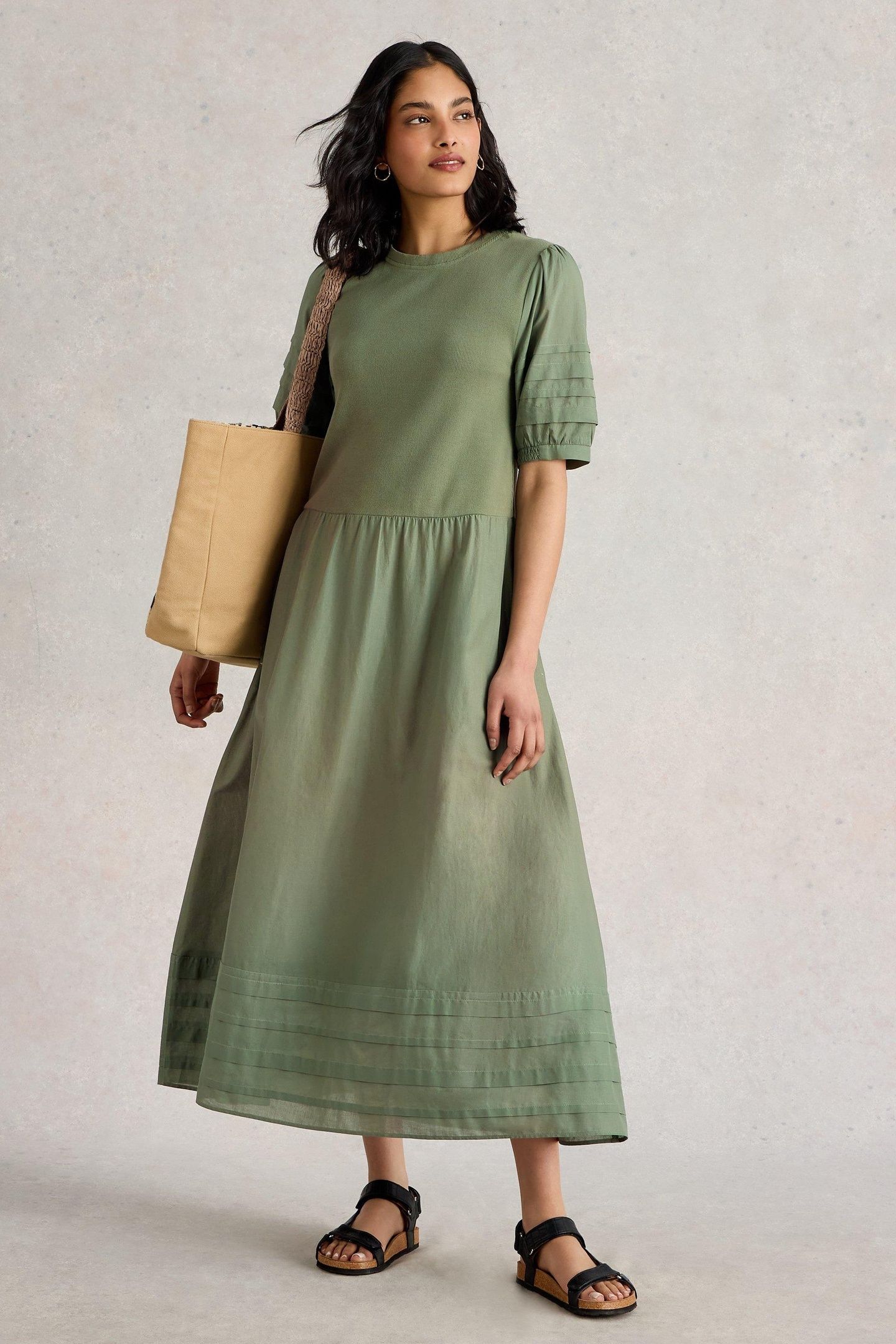 CLAUDIA FABRIC MIX DRESS DUSTY GREEN 1