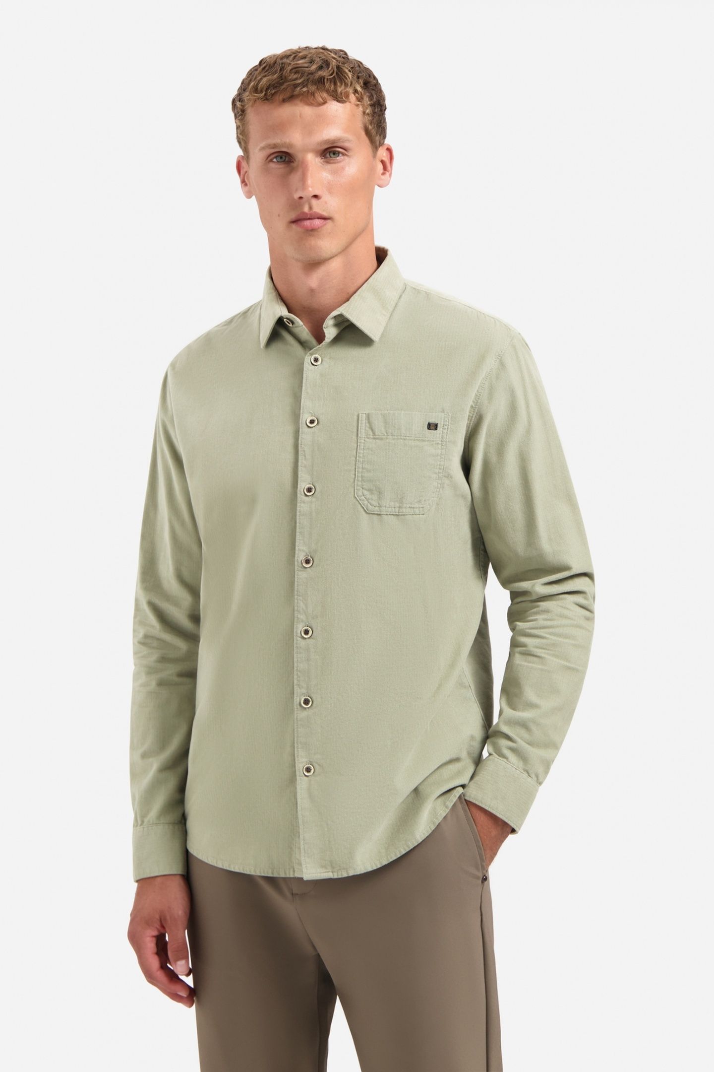 SHIRT SOLID FINE HERRINGBONE LIGHT MOSS 1