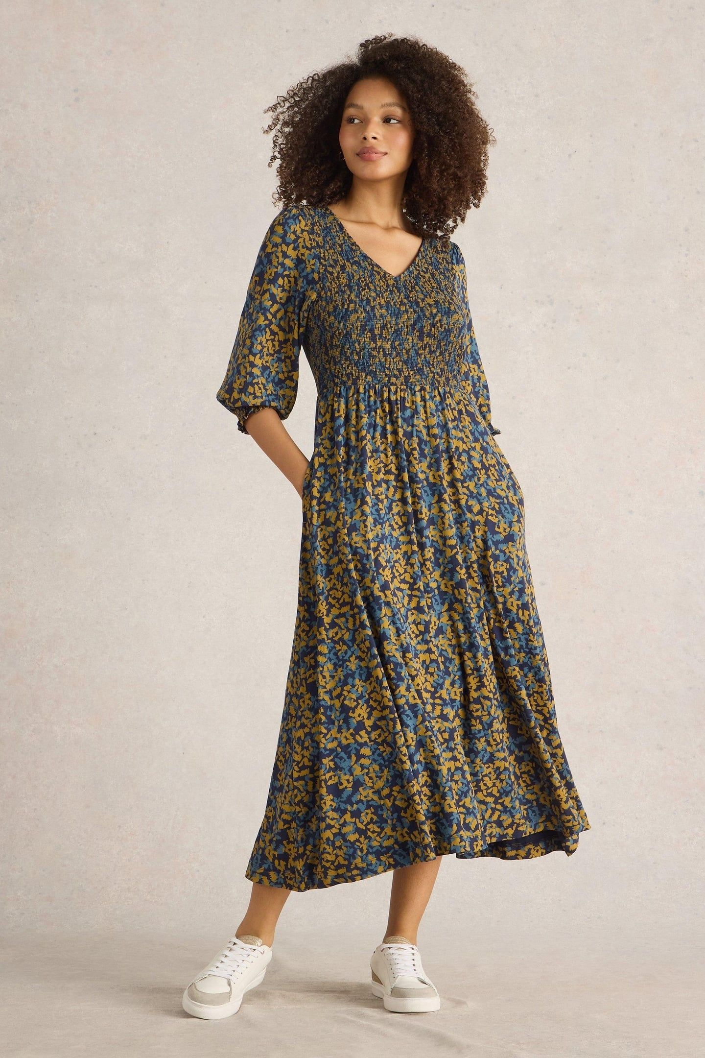 EMILY SHIRRED JERSEY DRESS NAVY PRINT 2