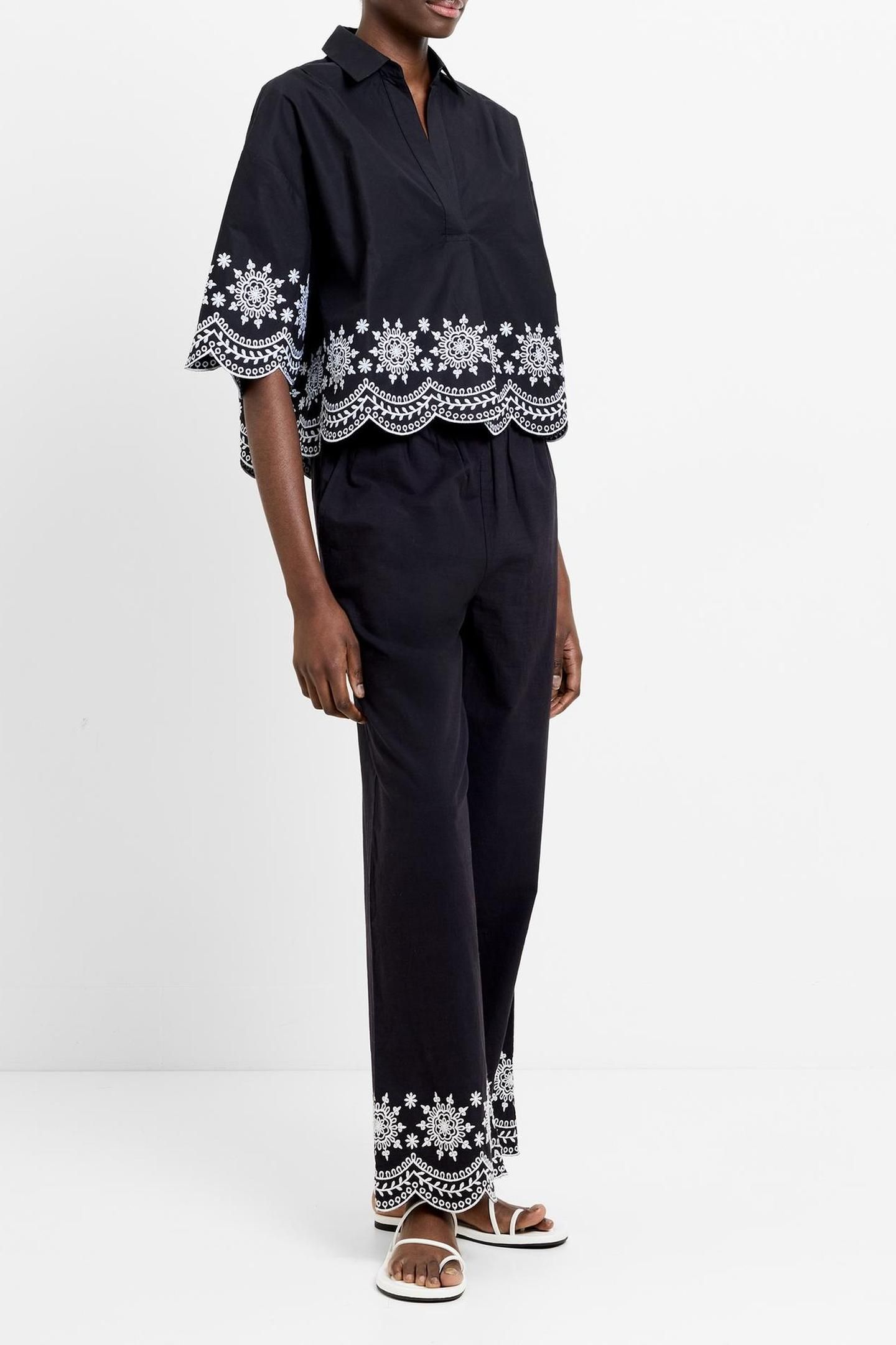 EMB HEM S/S COTTON POPOVER BLACK/WHITE 2