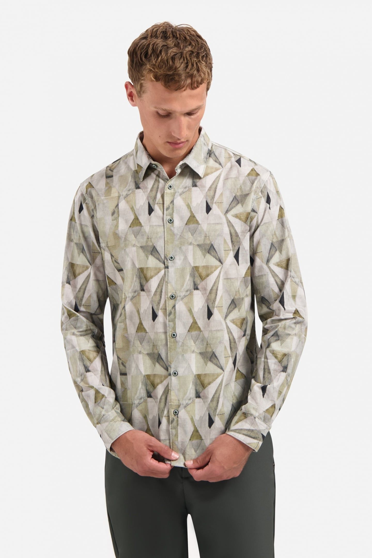 SHIRT ALLOVER PRINTED FINE CORDUROY LIGHT MOSS 1