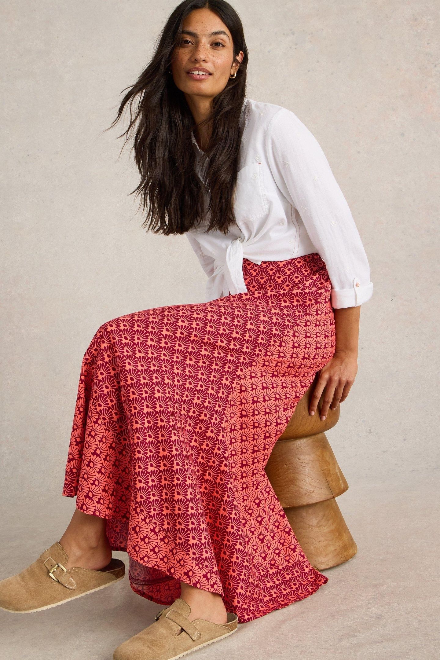 SARA LINEN BLEND MAXI SKIRT RED MULTI 2