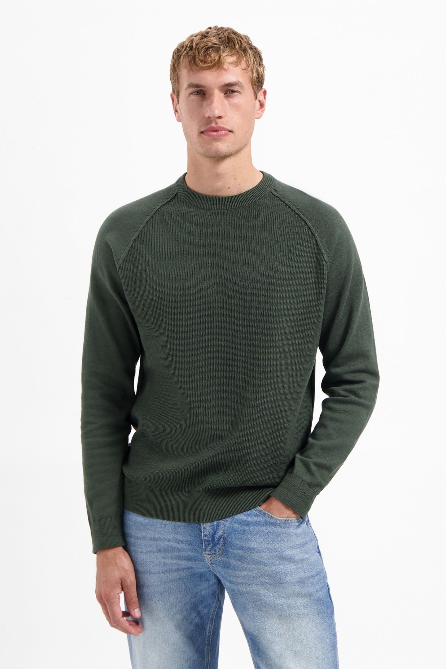PULLOVER CREWNECK SOLID WAFFLE KNIT DARK GREEN 2