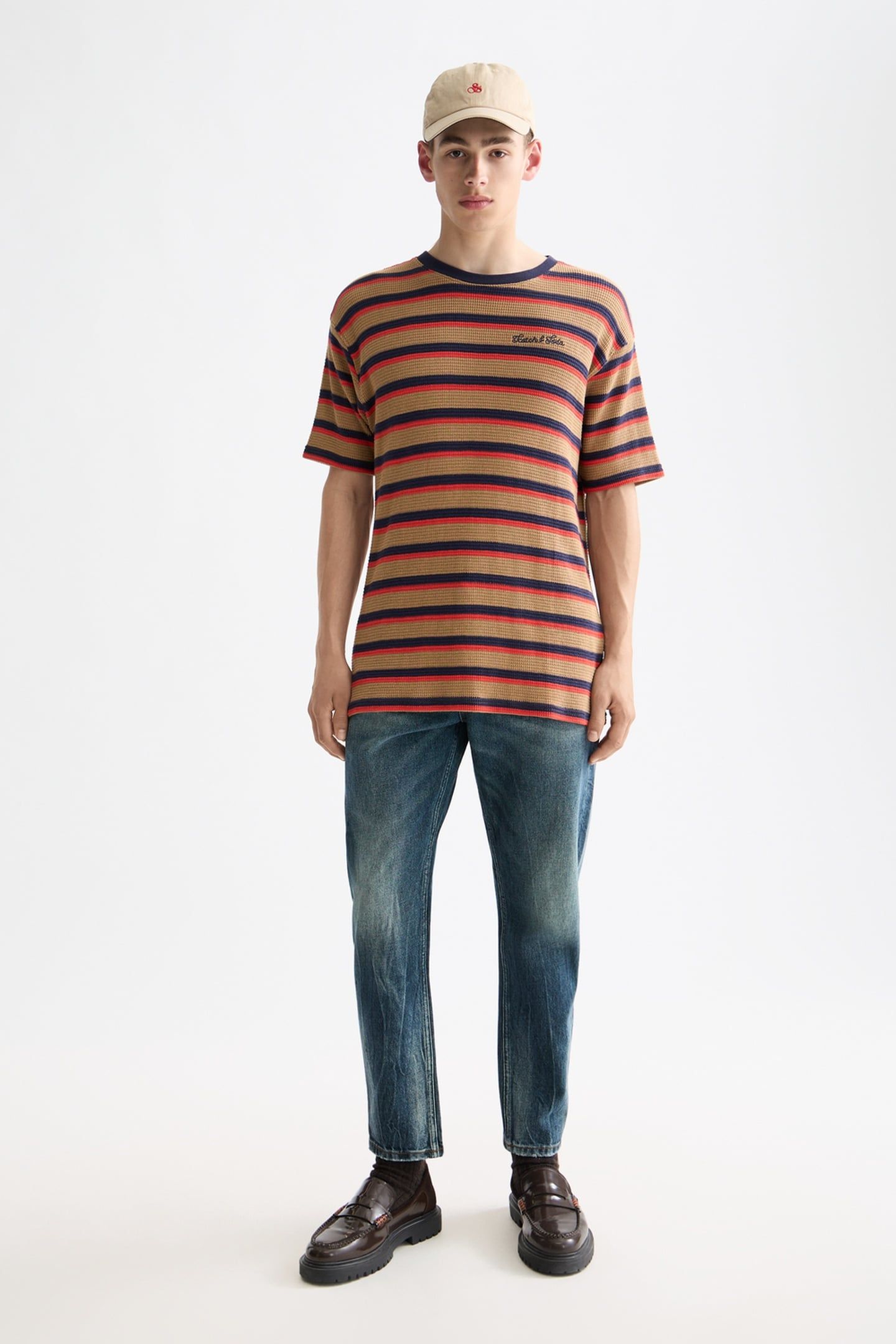 RELAXED FIT CHUNKY WAFFLE STRIPE T-SHIRT LIGHT BROWN MULTI S 1