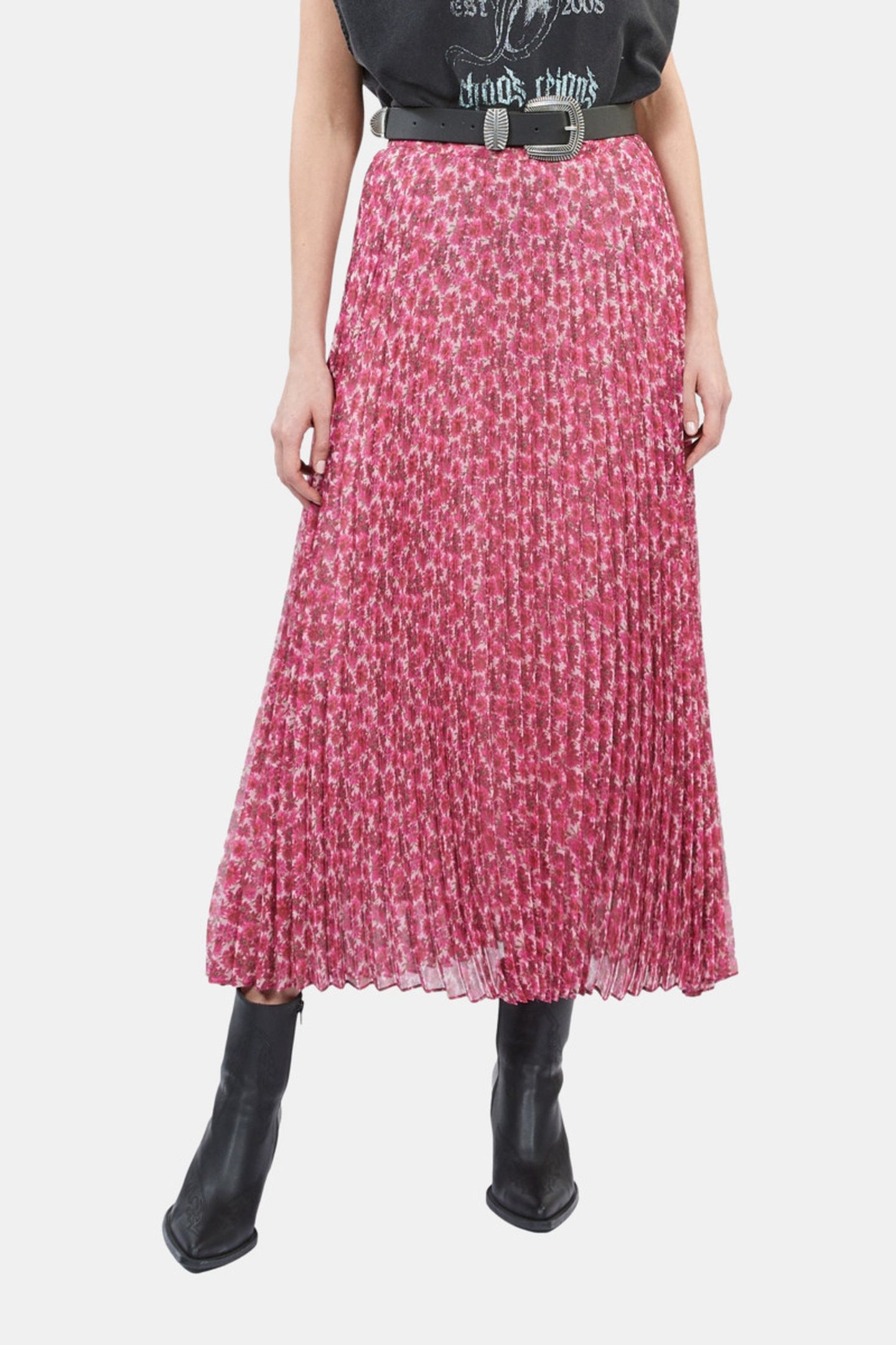 PRINTED PLEATED LONG SKIRT PINK 2