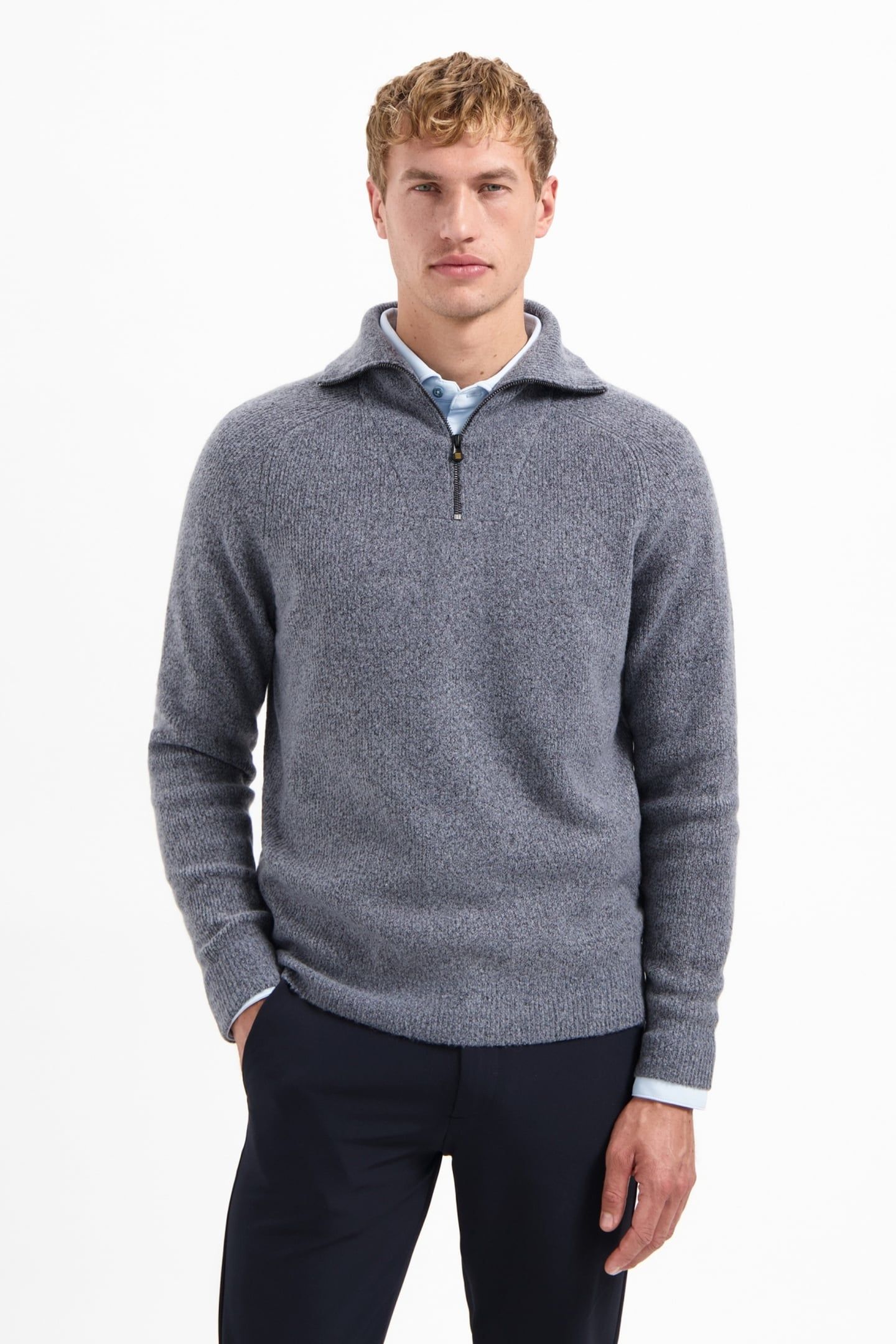 PULLOVER WING COLLAR HALF ZIP SOFT WOOLBLEND WASHED BLUE 1