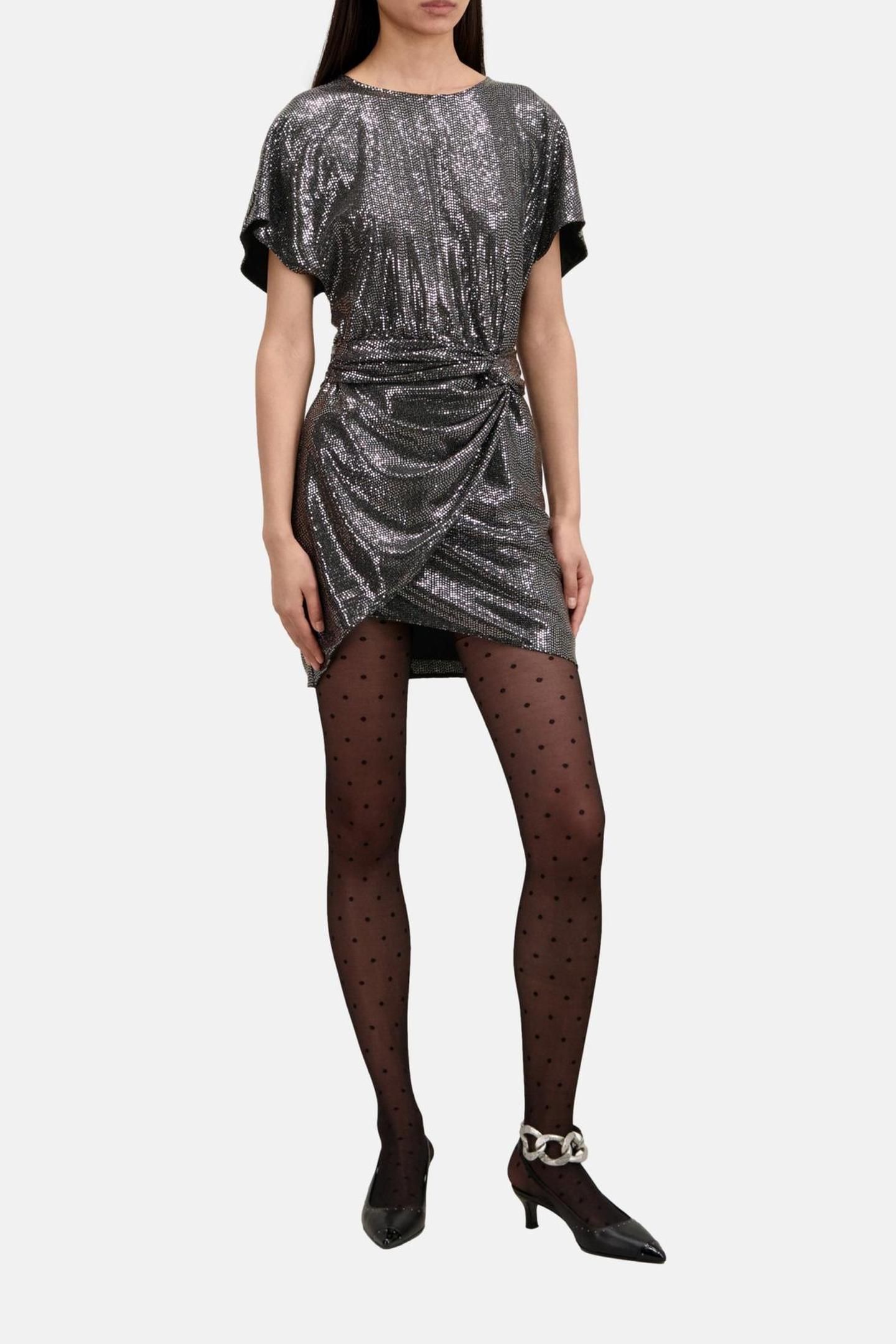SHORT DRAPED DRESS WITH SEQUINED KIMONO SLEEVES SILVER 2