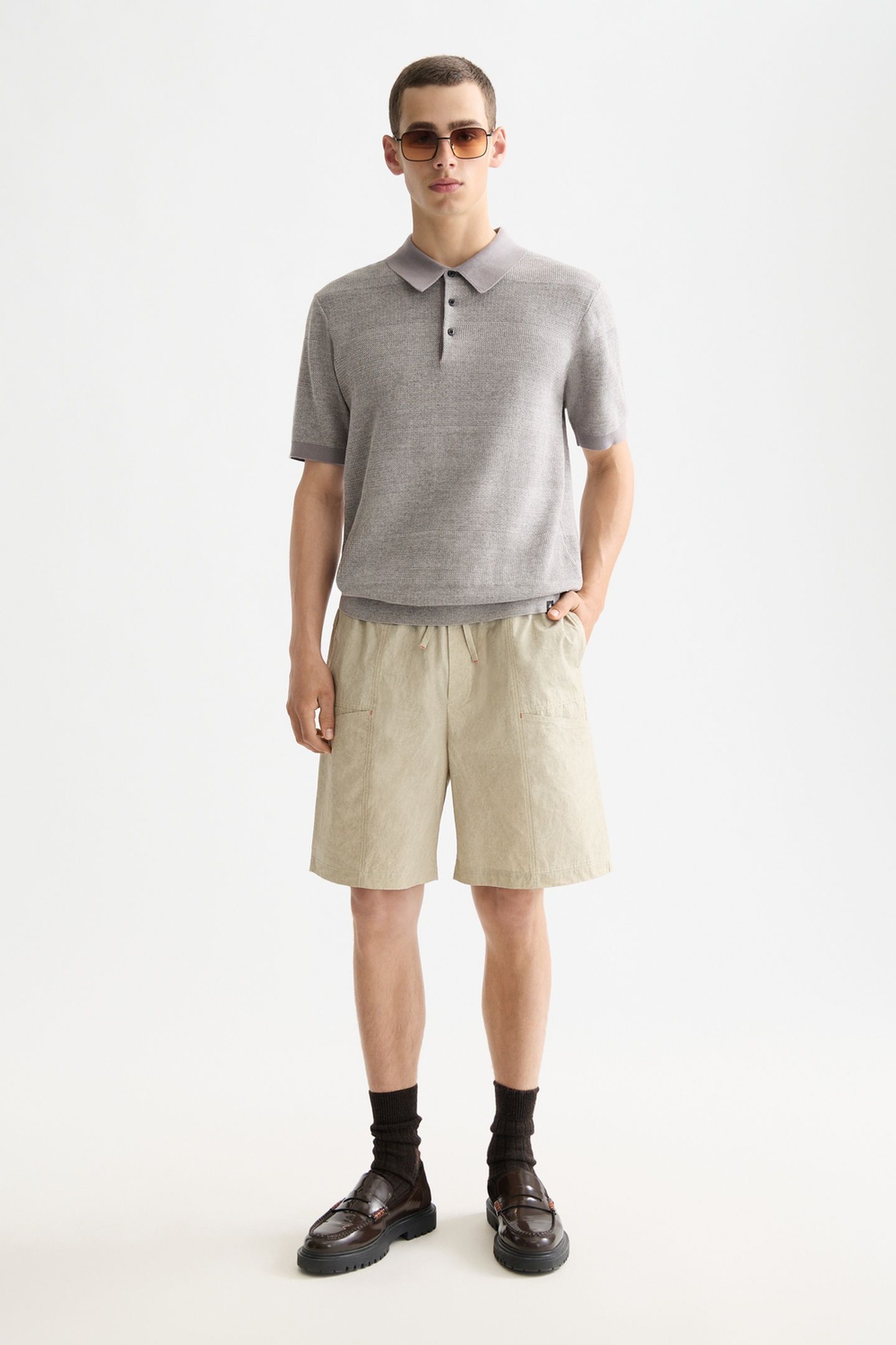 WASHED NYLON-BLEND POPLIN WIDE FIT CARGO BERMUDA PLAZA TAUPE 1