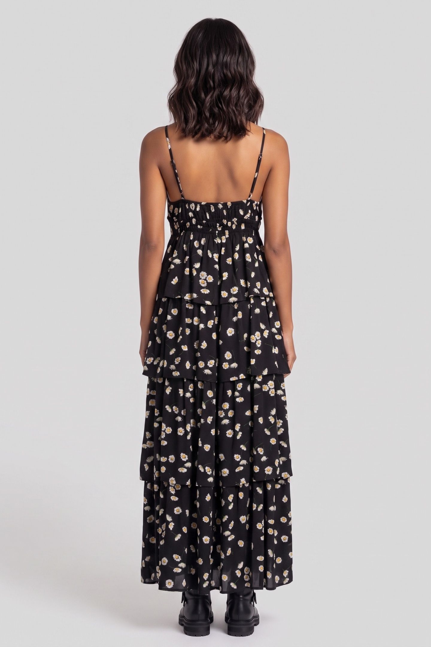 SLEEVELESS RUFFLED LONG DRESS BLACK WHITE 2