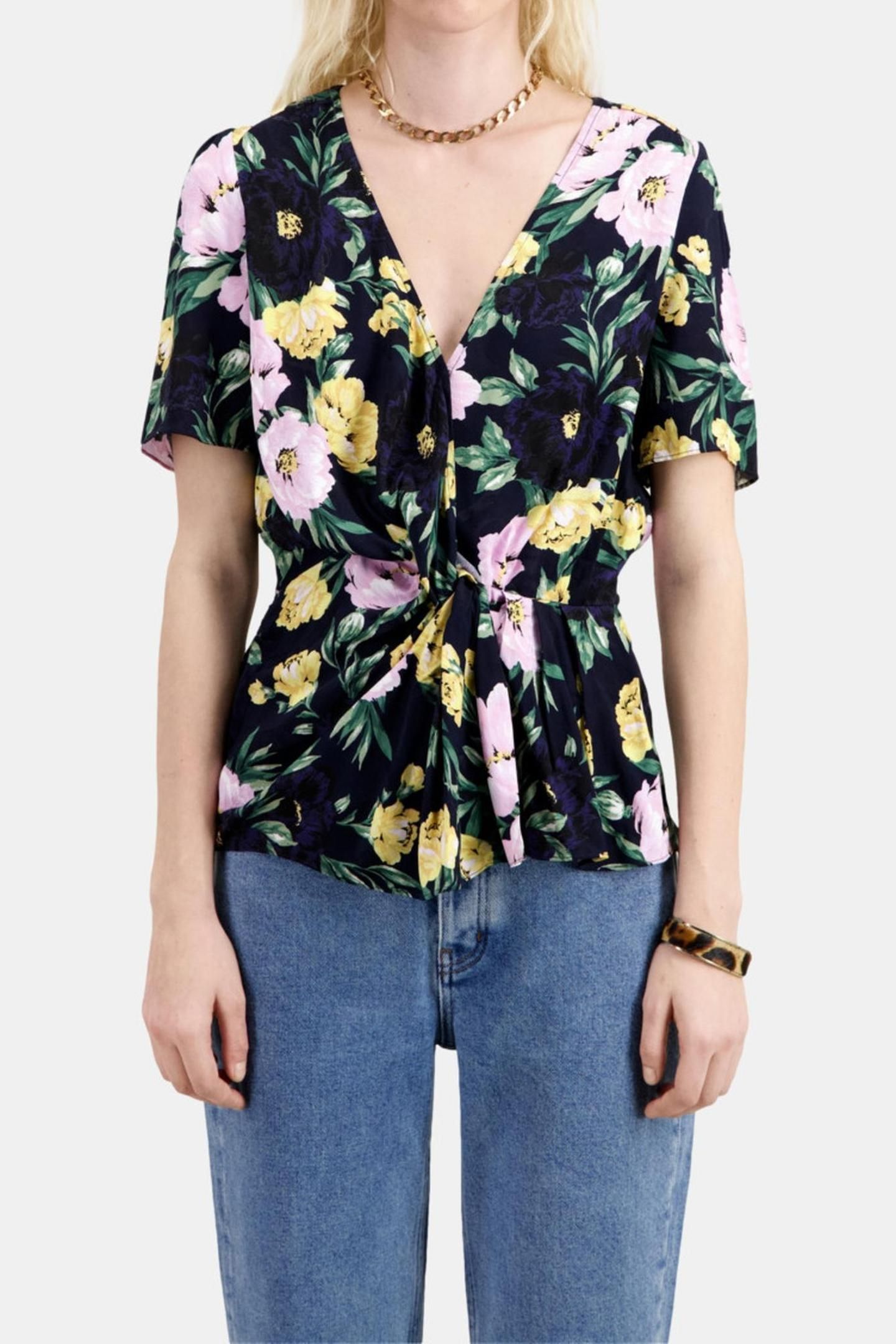SHORT-SLEEVED TOP WITH TIE LIGHTPINK/DARKNAVY 2