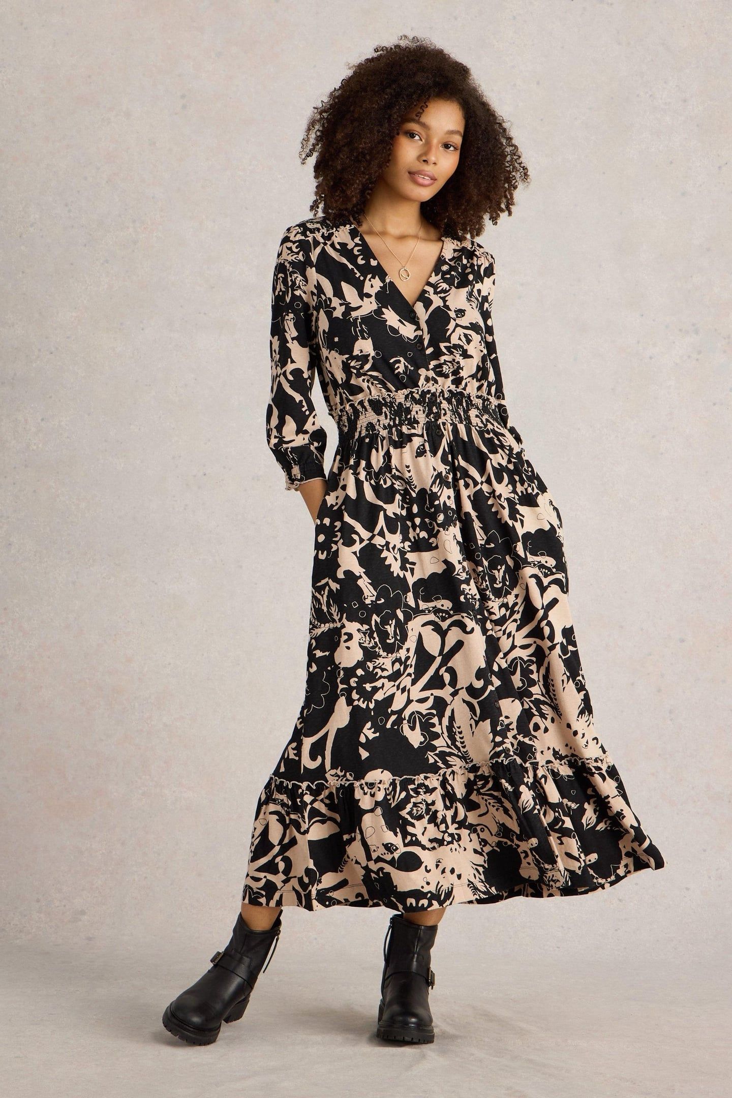 JONIE SHIRRED JERSEY DRESS BLACK PRINT 1