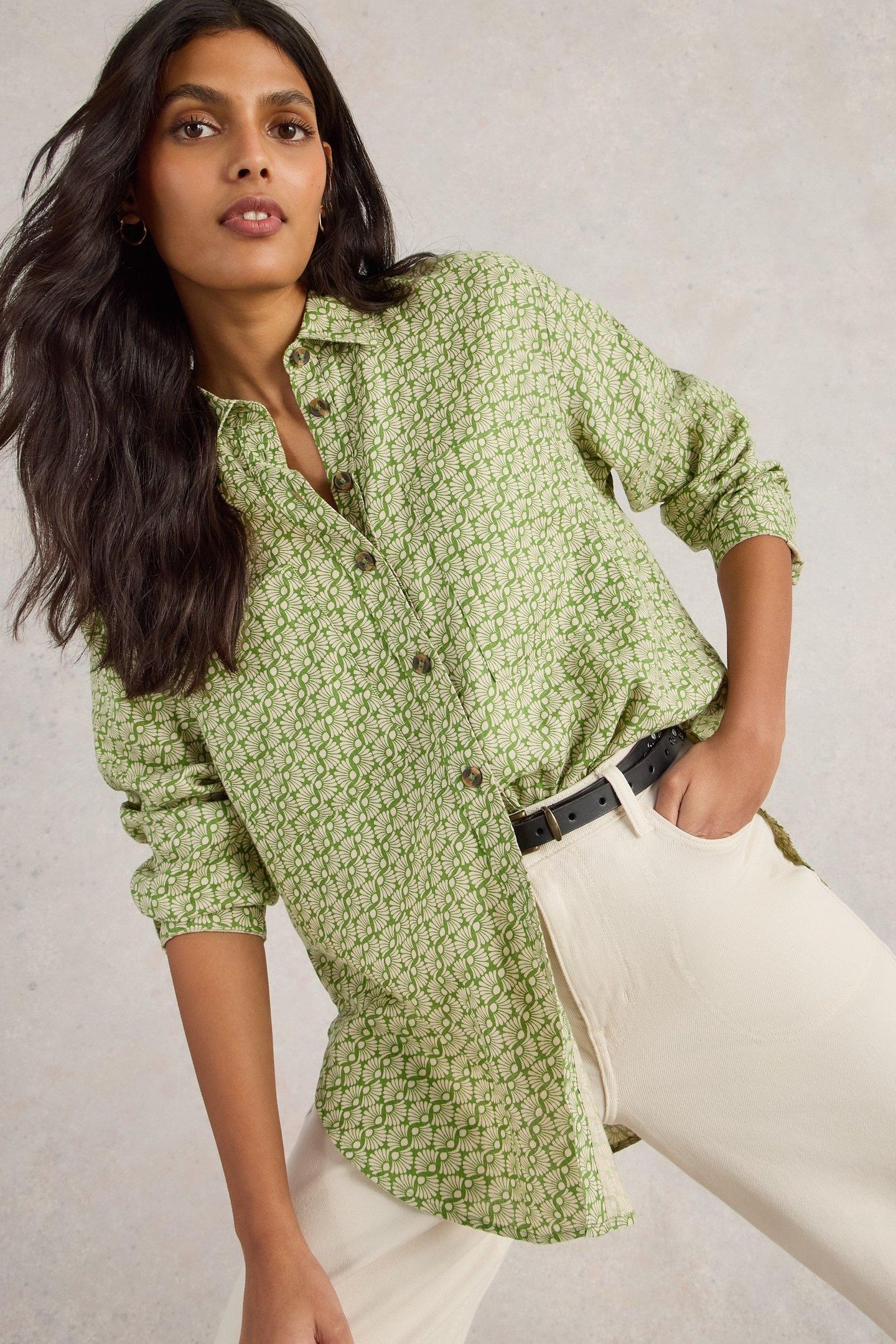 LYDIA LINEN SHIRT GREEN PRINT 2